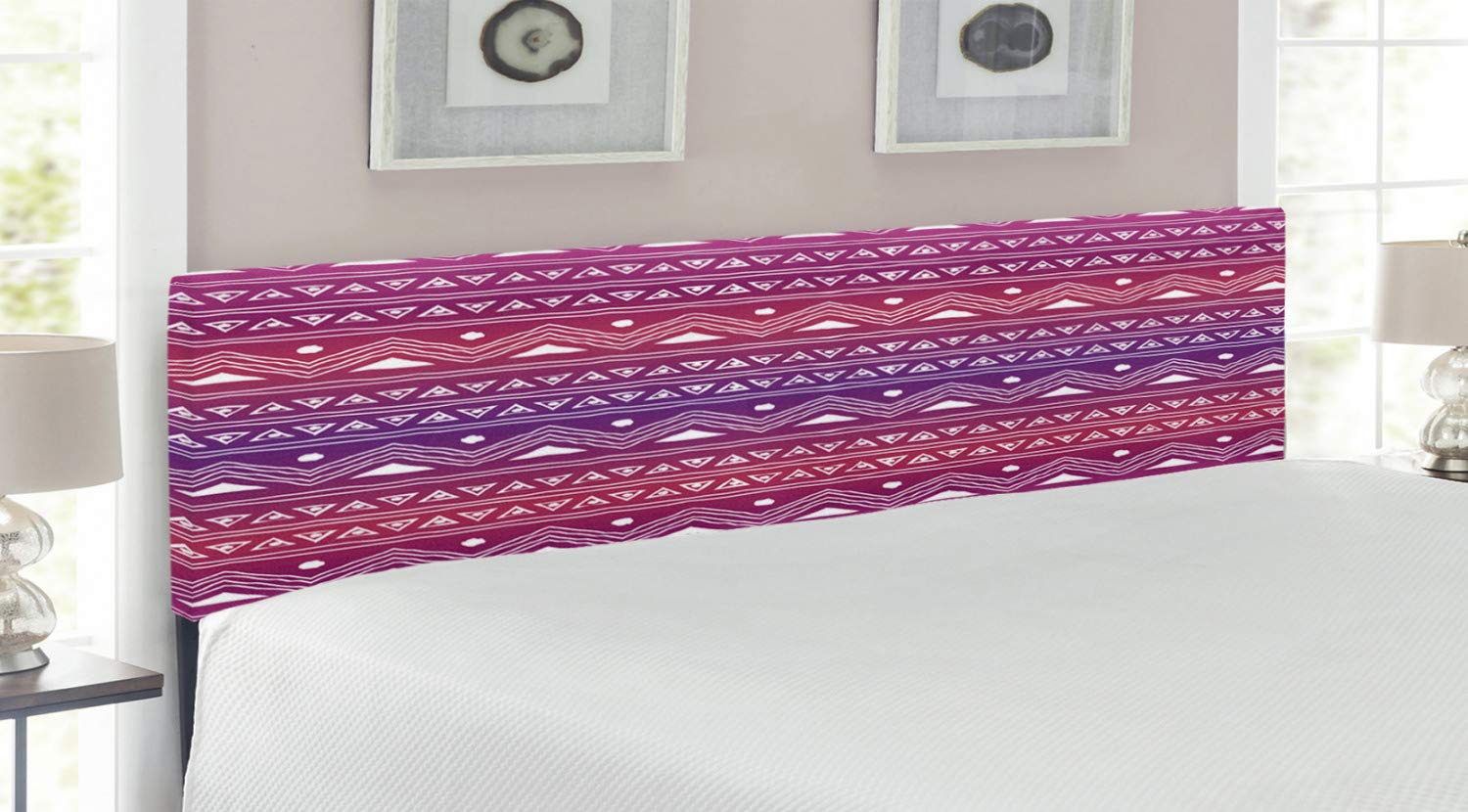 Ambesonne Tribal King Size Upholstered Headboard - Geometric Pattern with Ombre Backdrop, Prehistoric Culture Doodle Art, Decorative Metal Bed Headboard with Memory Foam - Perfect for Bohemian & Eclectic Bedroom Decor