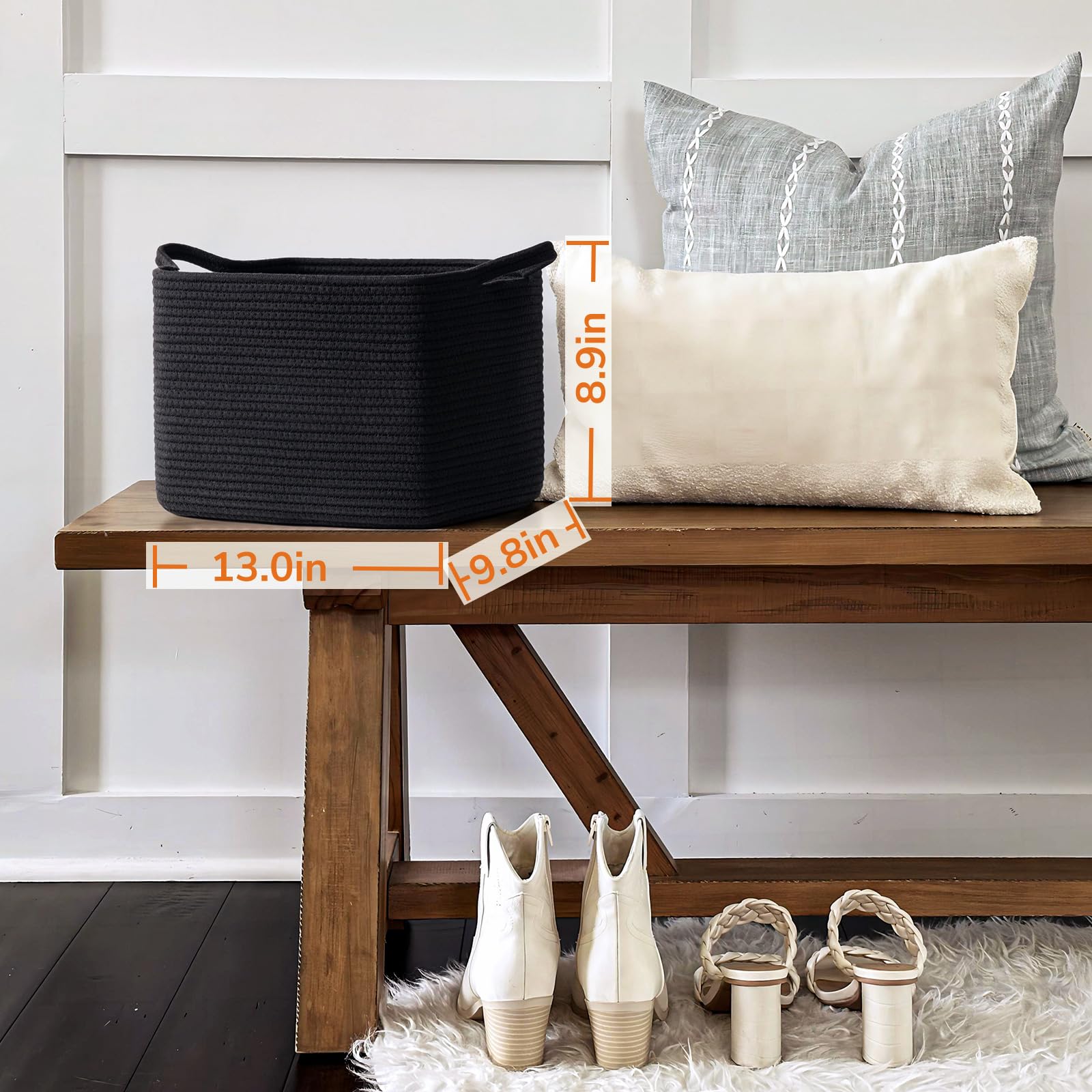 INDRESSME Square Storage Basket for Shelves - Cotton Rope Woven Organizer for Books, Toys, Towels - 13 x 9.8 x 8.9 Inches - Black - Perfect for Home, Office, Nursery & Bathroom Organization