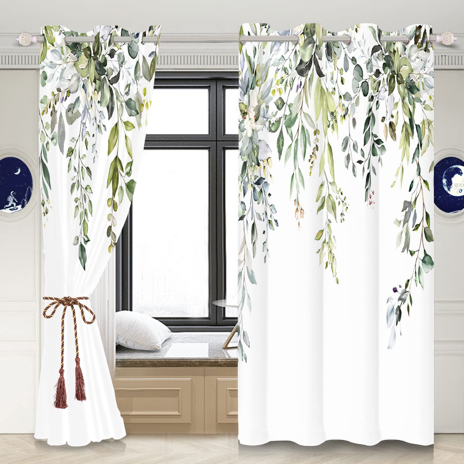 Yeele 42x85 Inches Green Leaves Window Curtains - Nature Inspired Botanical Print Grommet Drapes, 2 Panels Set for Living Room, Bedroom & Kitchen | Perfect for Spring Decor & Rustic Home Style