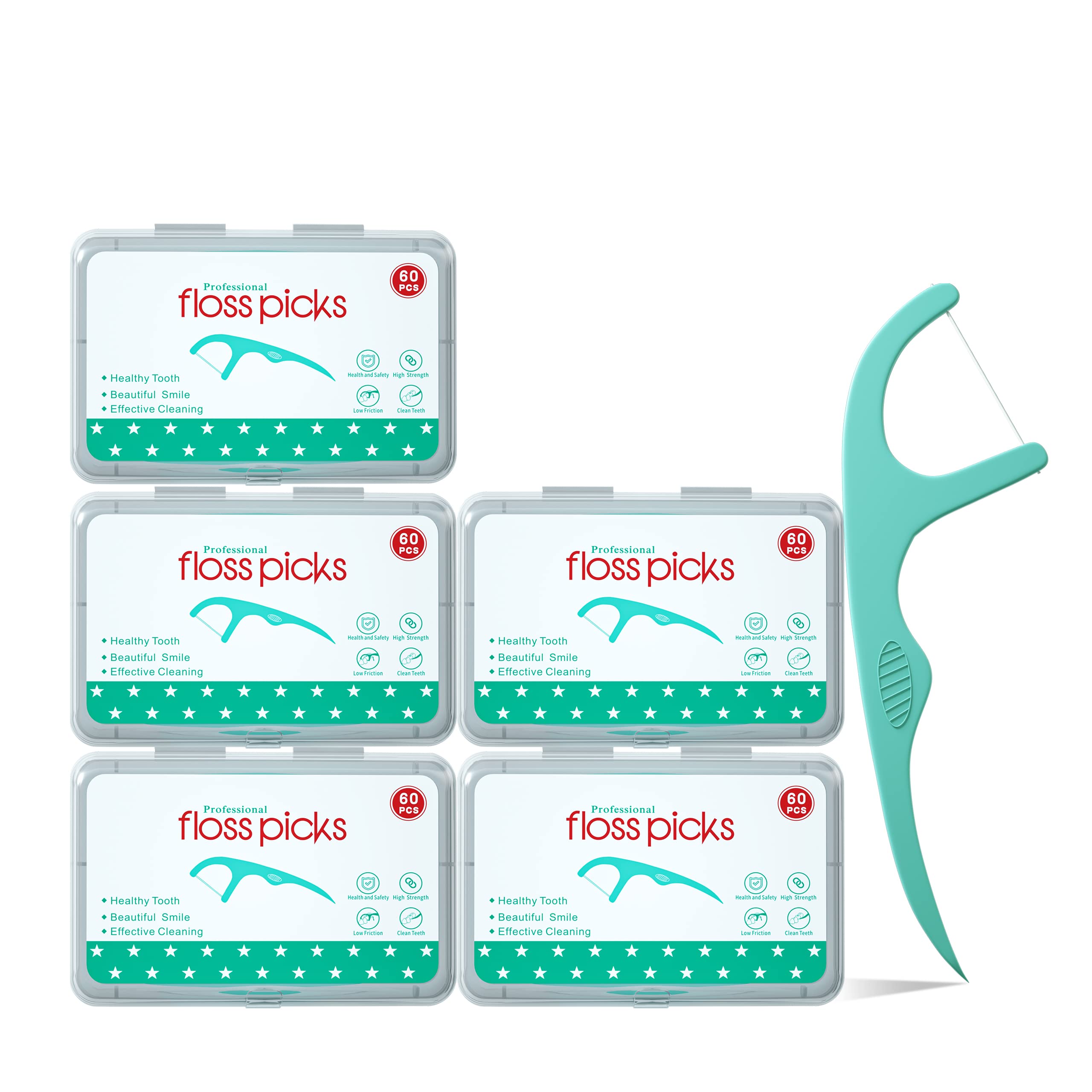 Dental Floss Picks 300 Count - 5 Travel Floss Cases Included | Disposable Floss Sticks for Teeth Cleaning | Perfect for Travel, Home & Office Use