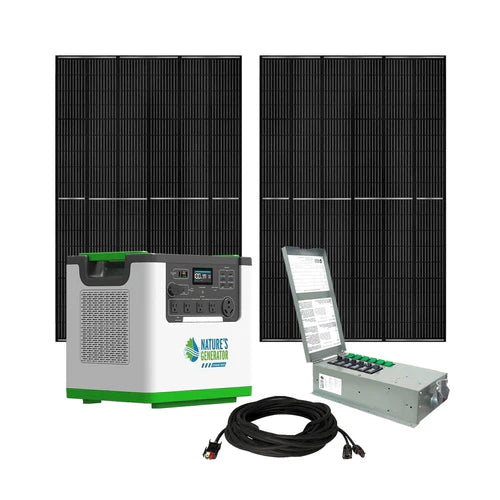 Natures Generator Lithium 3600 Portable Power Station with 2 x 410W Monocrystalline Solar Panels + Transfer Switch - Perfect for Camping, RV Trips & Emergency Backup Power