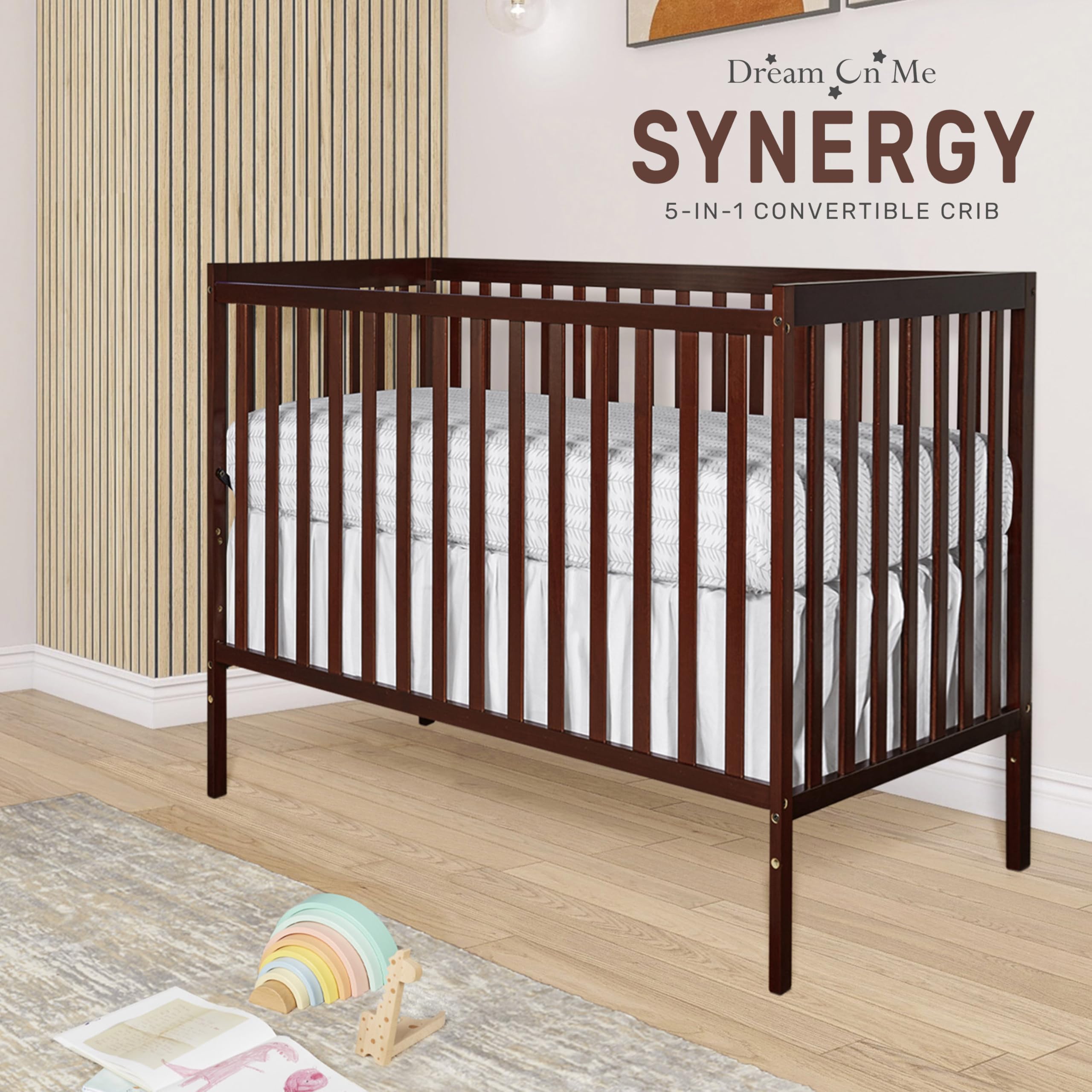 Dream On Me Synergy 5-in-1 Convertible Crib in Espresso – JPMA & Greenguard Gold Certified Solid New Zealand Pine Wood Baby Crib with 3 Mattress Height Adjustments – Perfect for Nursery, Daycare & Small Spaces
