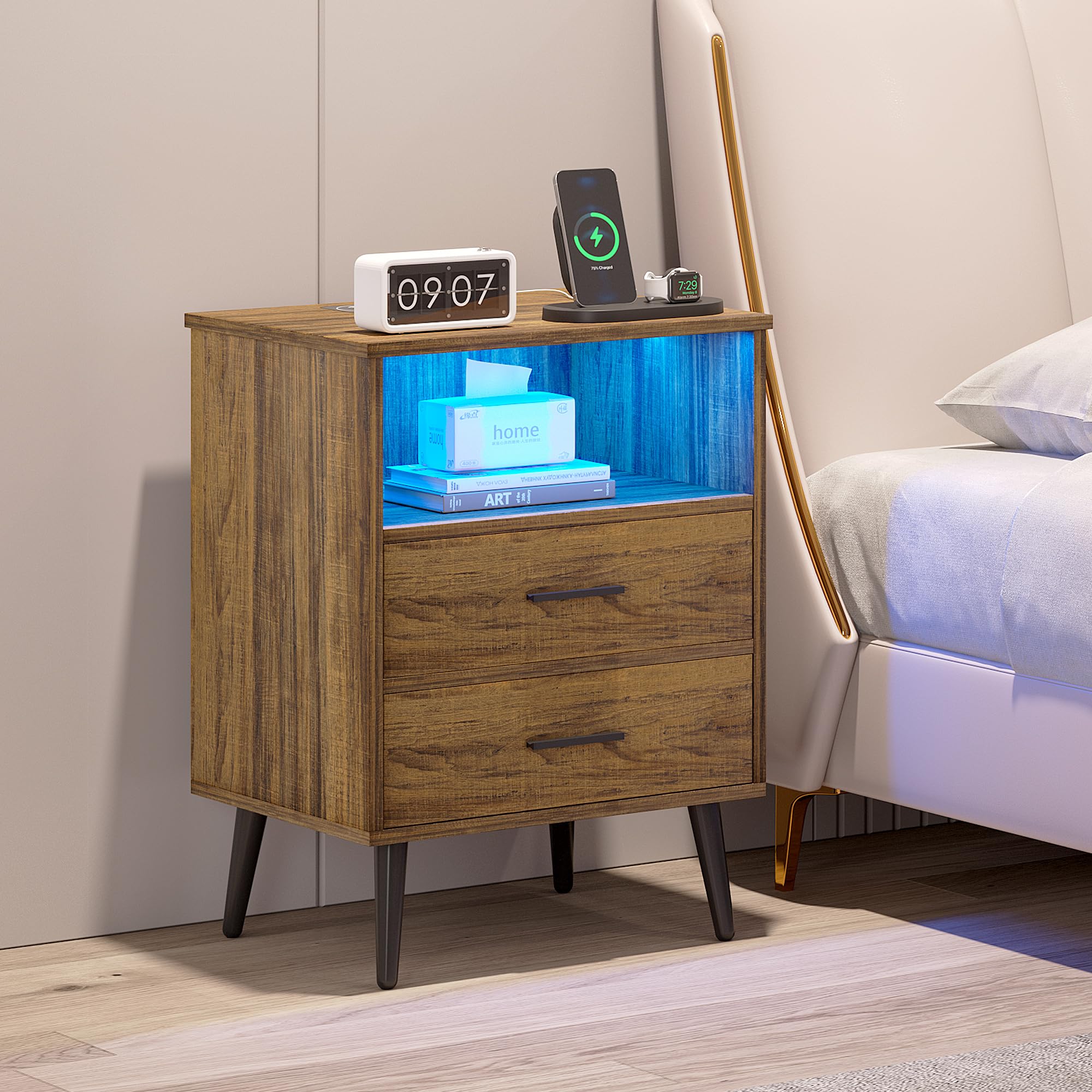 LVSOMT Set of 2 Mid Century Modern Nightstands with Charging Station, USB Ports & 2 Drawers - Rustic Brown Bedside Tables with Open Shelf for Bedroom - Perfect for Smartphone Charging & Bedroom Storage Organization