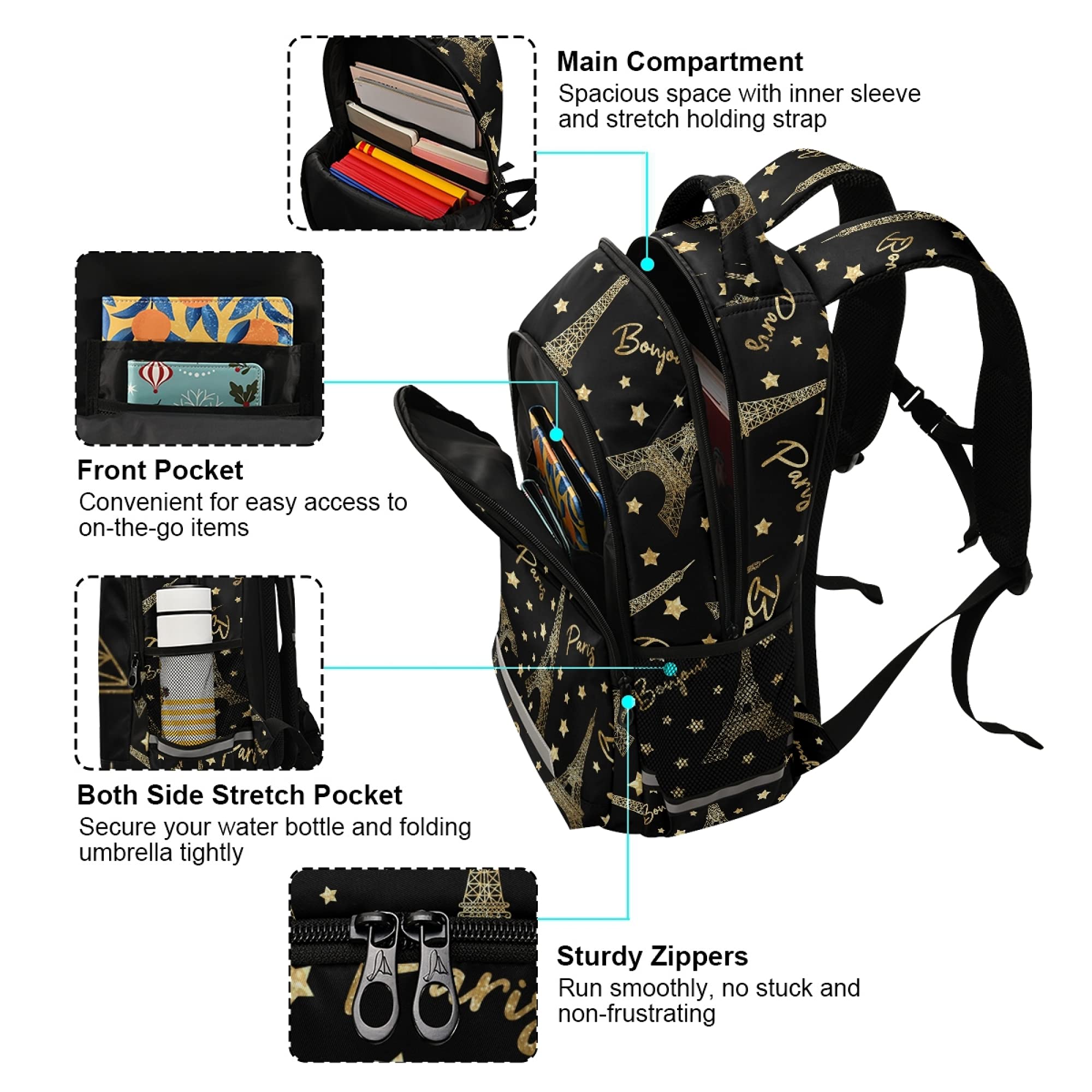 **ALAZA Gold Eiffel Tower Star Backpack for Women & Men - Stylish Laptop Bag for School, Work & Travel - Fits 13, 14, 15.6 Inch Notebooks & Tablets - Perfect for Daily Commute, College & Casual Outings**