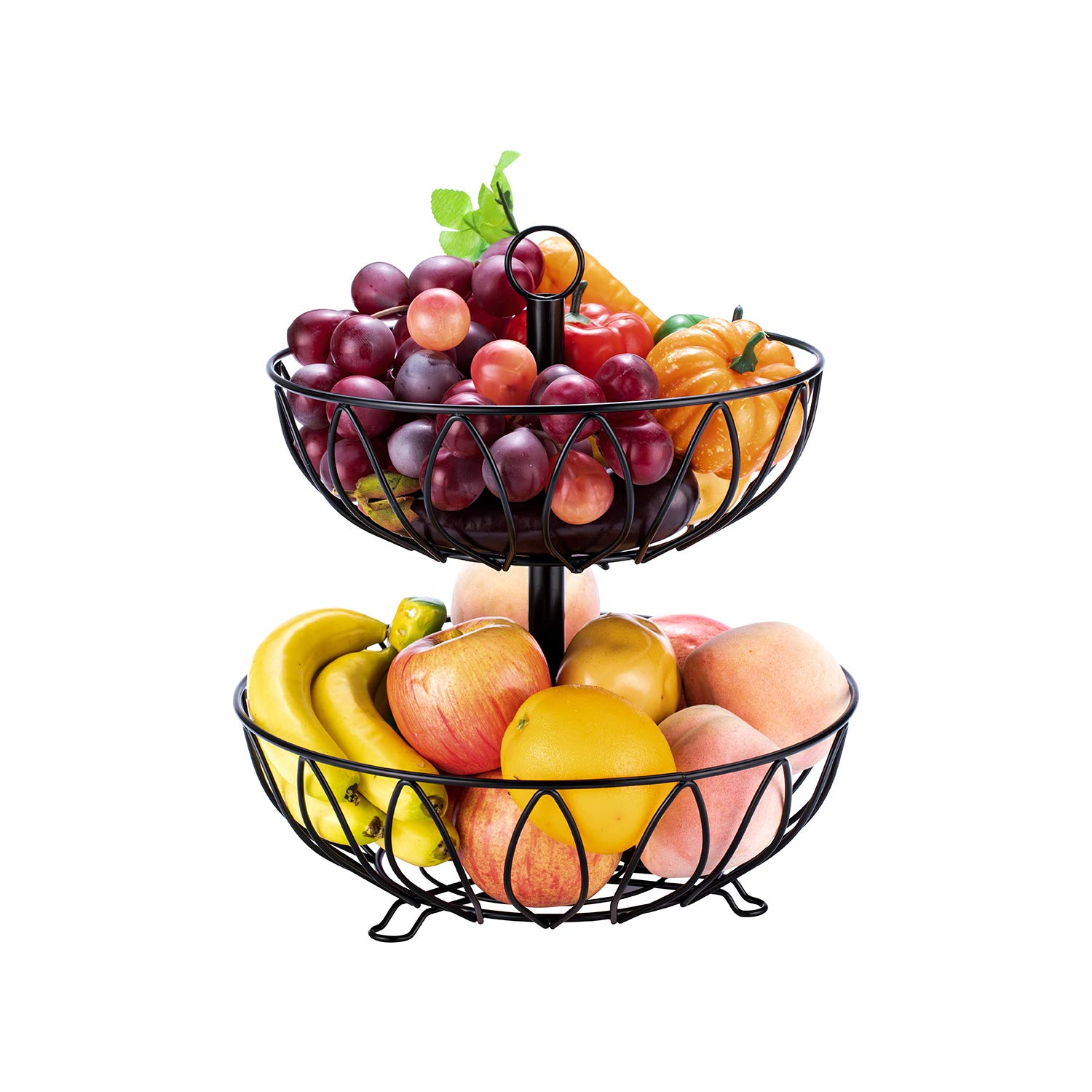 2-Tier Black Metal Cast Iron Fruit & Vegetable Basket - Countertop Storage Stand for Kitchen, Dining Room, or Pantry Organization | Perfect for Displaying Fresh Produce, Snacks, or Decor