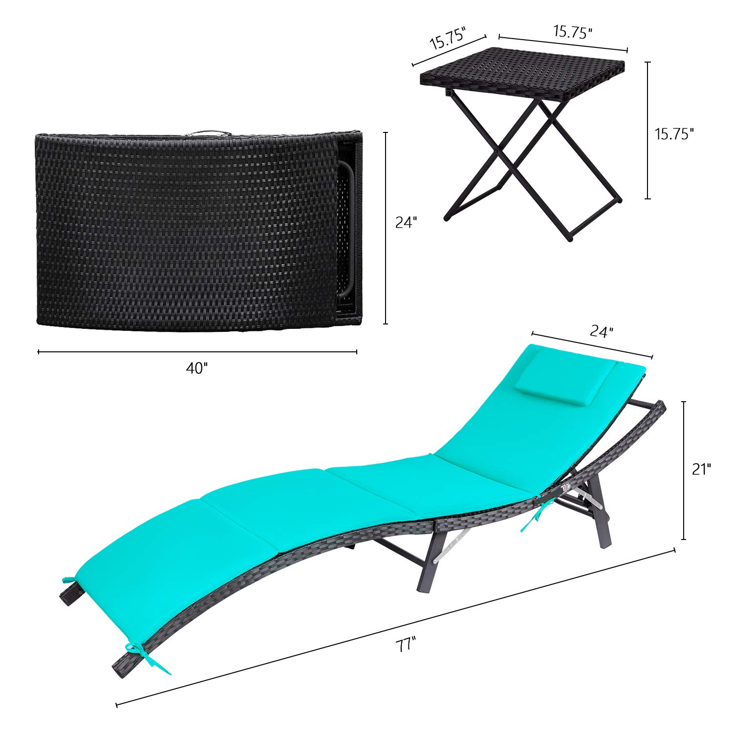 Devoko 3-Piece Outdoor Patio Chaise Lounge Set with Adjustable Back & Cushions - Rattan Folding Chaise Lounge with Side Table (Blue) - Perfect for Poolside, Garden, Backyard Relaxation & Sunbathing