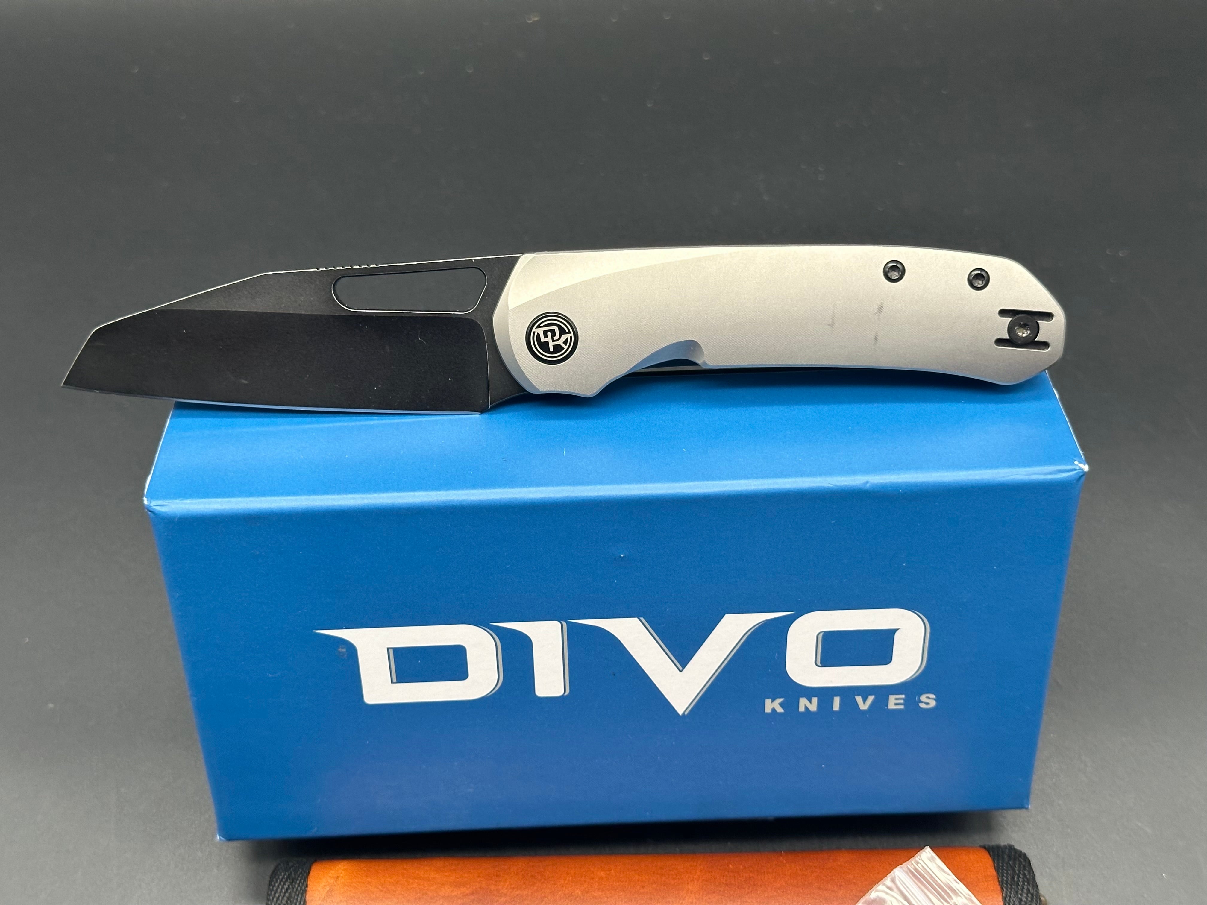 Divo Knives Buzz Reverse Tux Bead Blasted Titanium Folding Knife - Black Washed 20CV Blade, Zircuti Back Spacer & Skiff Bearings - EDC, Outdoor, Camping & Tactical Use