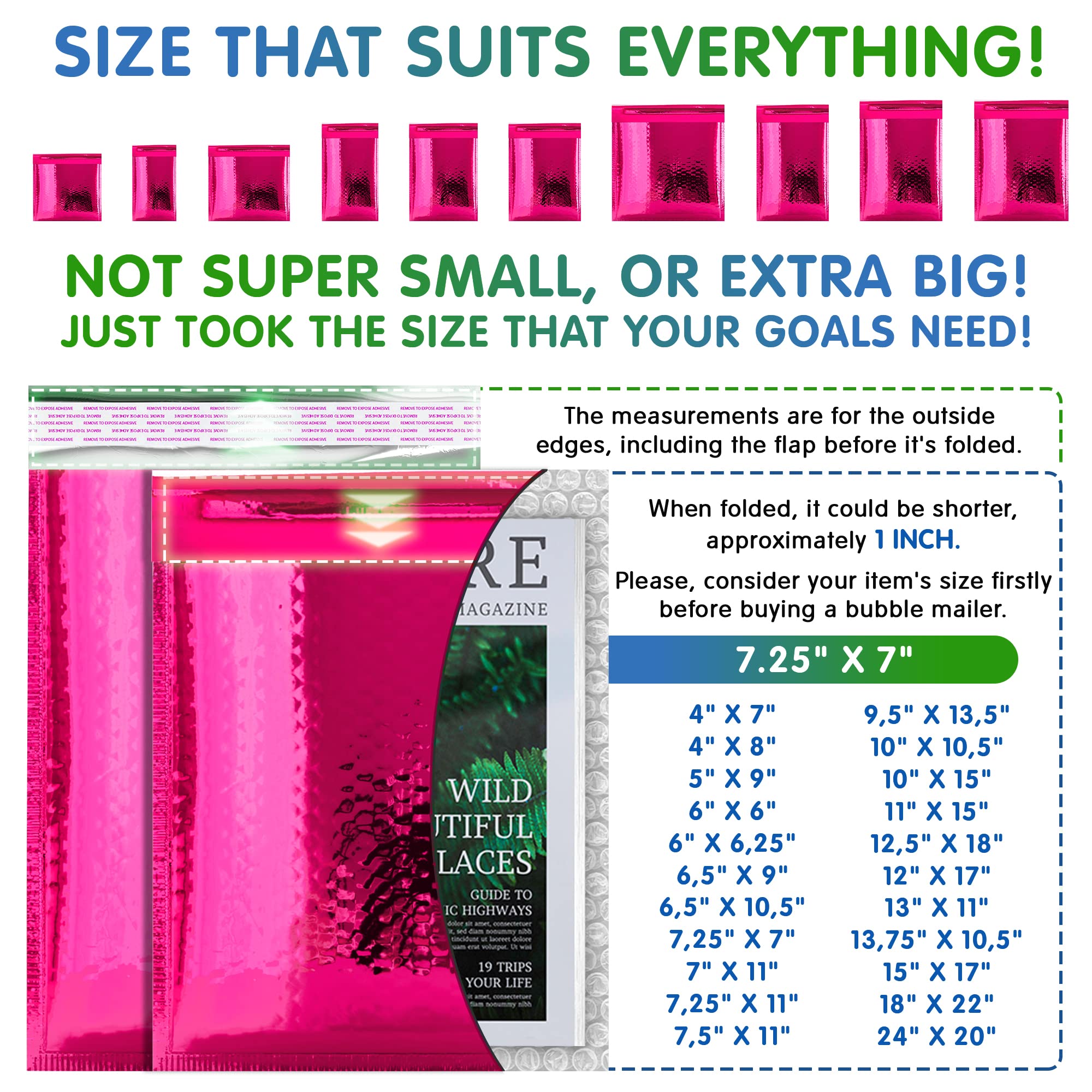 **Hot Pink Metallic Bubble Mailers 7.25 x 7 Inches - 250 Pack Waterproof Padded Envelopes for Shipping, Mailing & Protecting Fragile Items - Perfect for Jewelry, Cosmetics & Gifts**