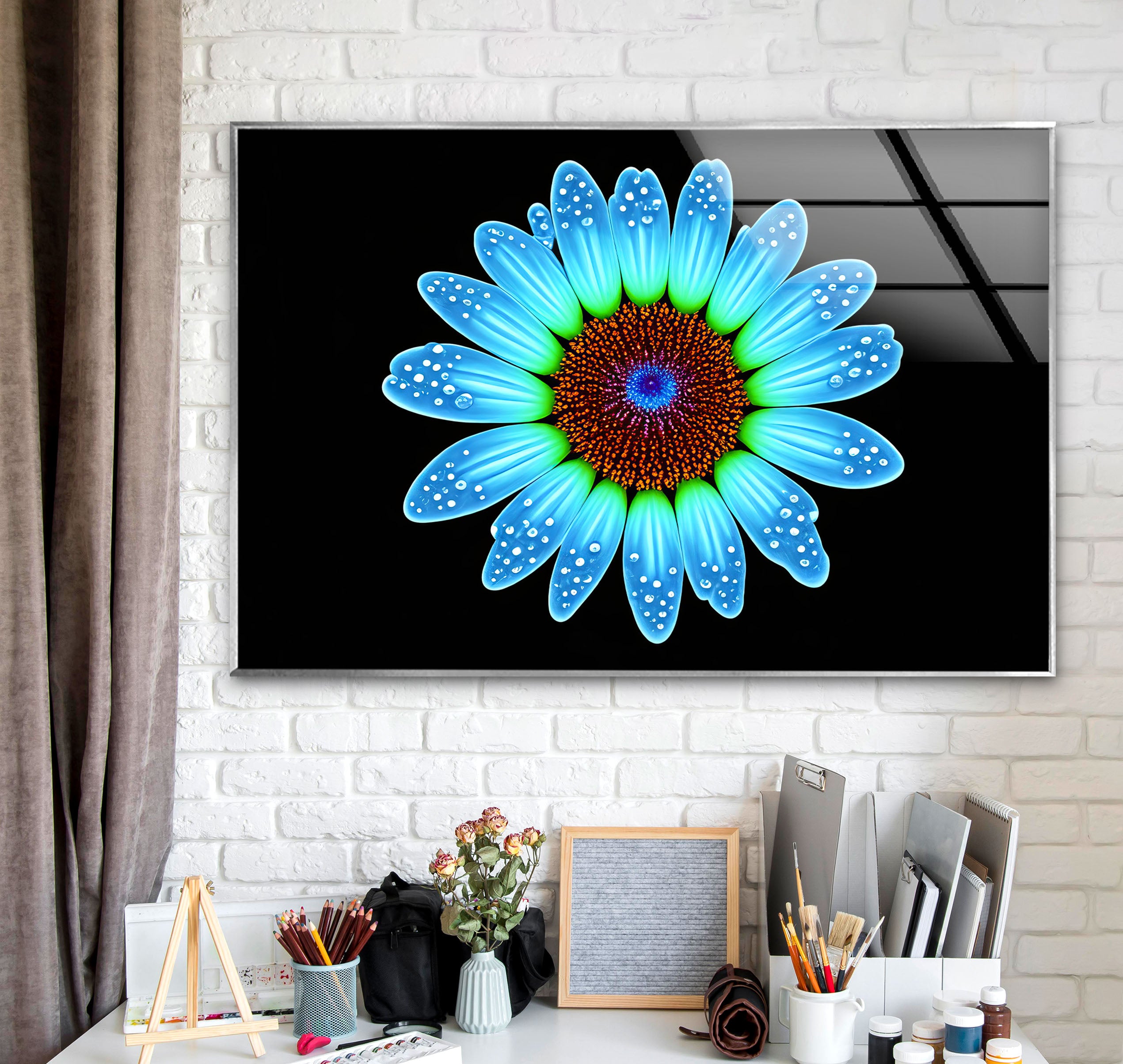 Blue Daisy Flower Wall Art - Luminous Glass Print on Black Background with Water Droplet Detail | Modern Home Decor for Living Room, Bedroom & Office | Elegant Botanical Wall Decor for Contemporary Interiors