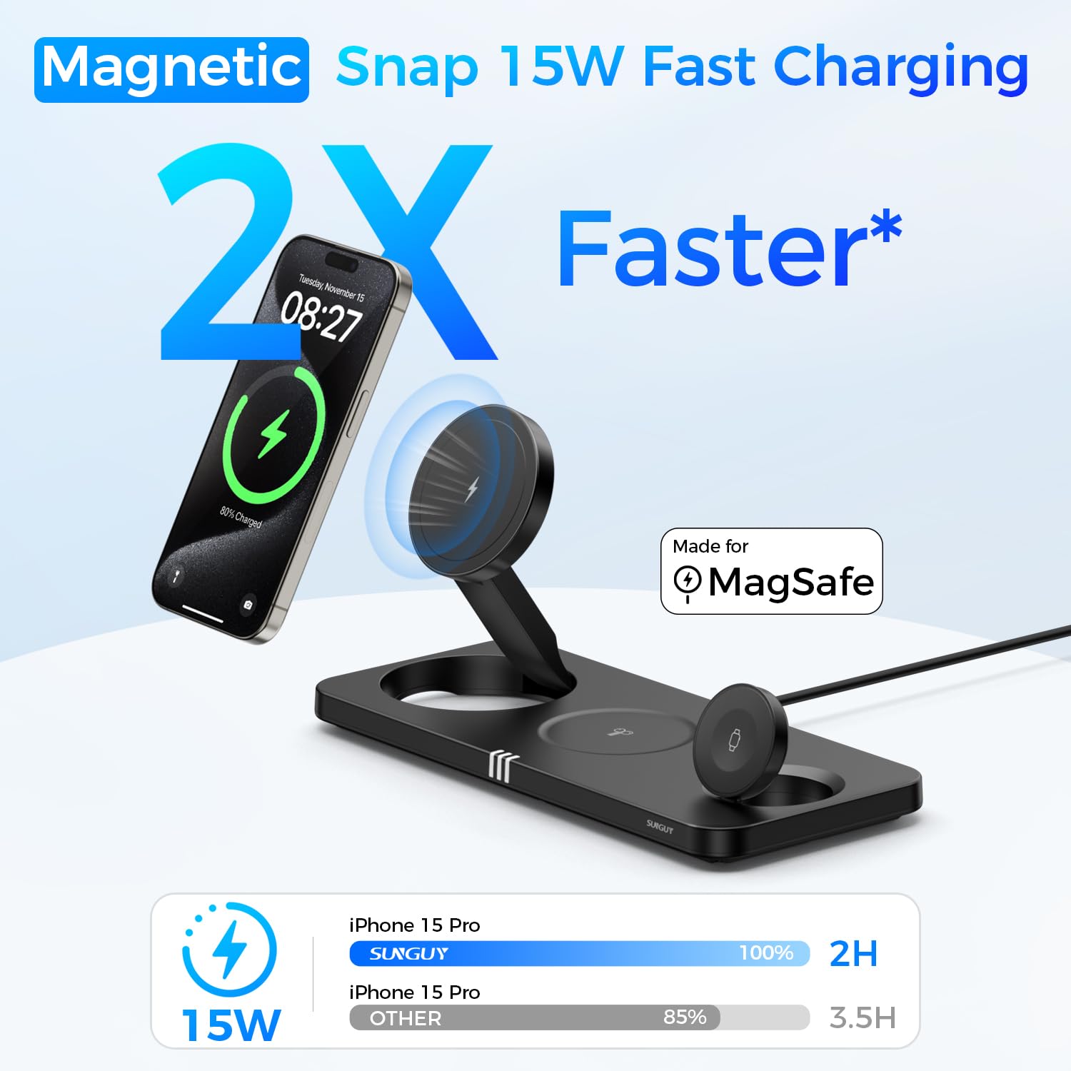 3-in-1 Wireless Charging Station for iPhone 16/15/14/13/12 Pro Max Plus, Apple Watch S10/Ultra/S2 & AirPods 4/Pro/3/2 - 15W Fast Magnetic Charger with Foldable Design | Perfect for Home, Office & Travel Use