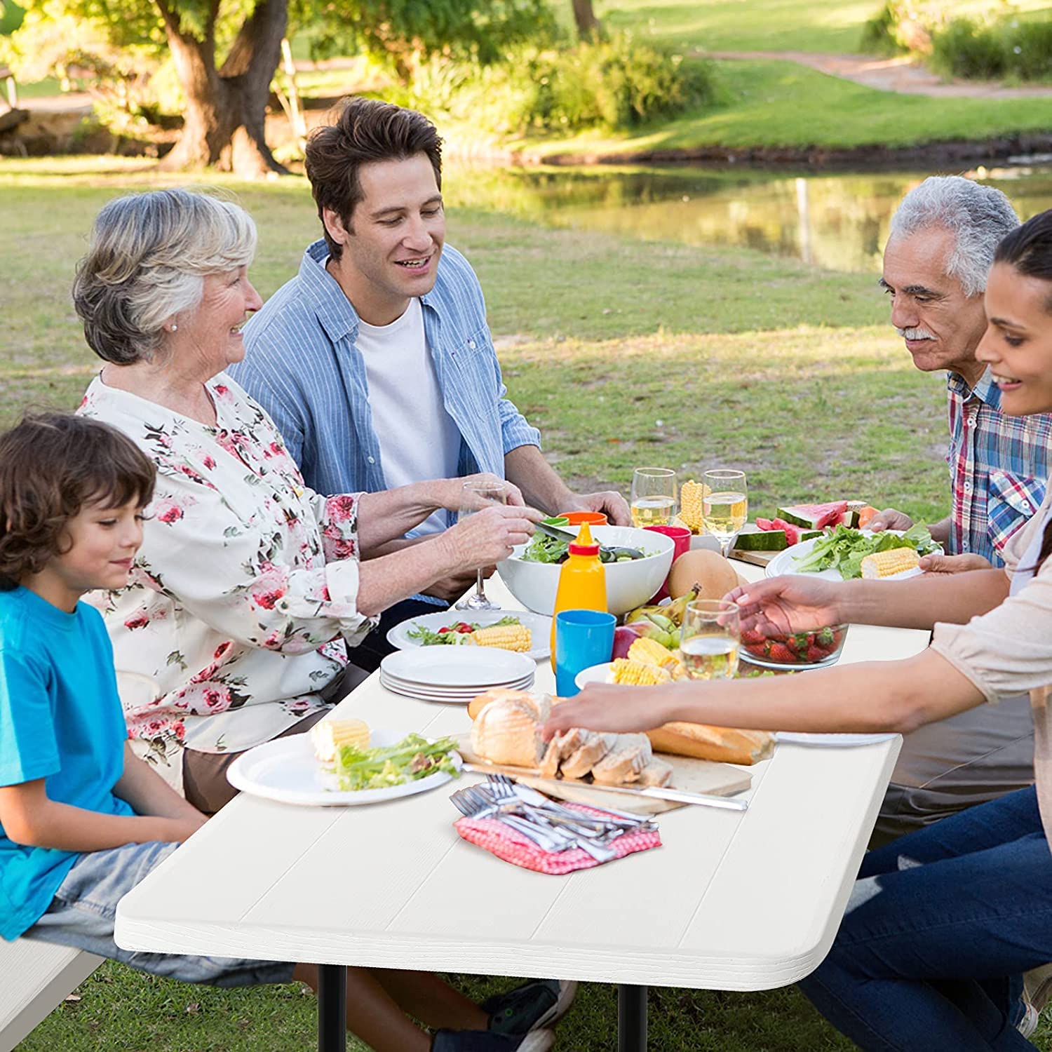 Hysache Folding Picnic Table Bench Set - 4-6 Person Portable Outdoor Dining Table with Wood-Like Texture & Weather-Resistant Metal Frame - Perfect for Camping, Backyard BBQs, Picnics, and Patio Parties (White)