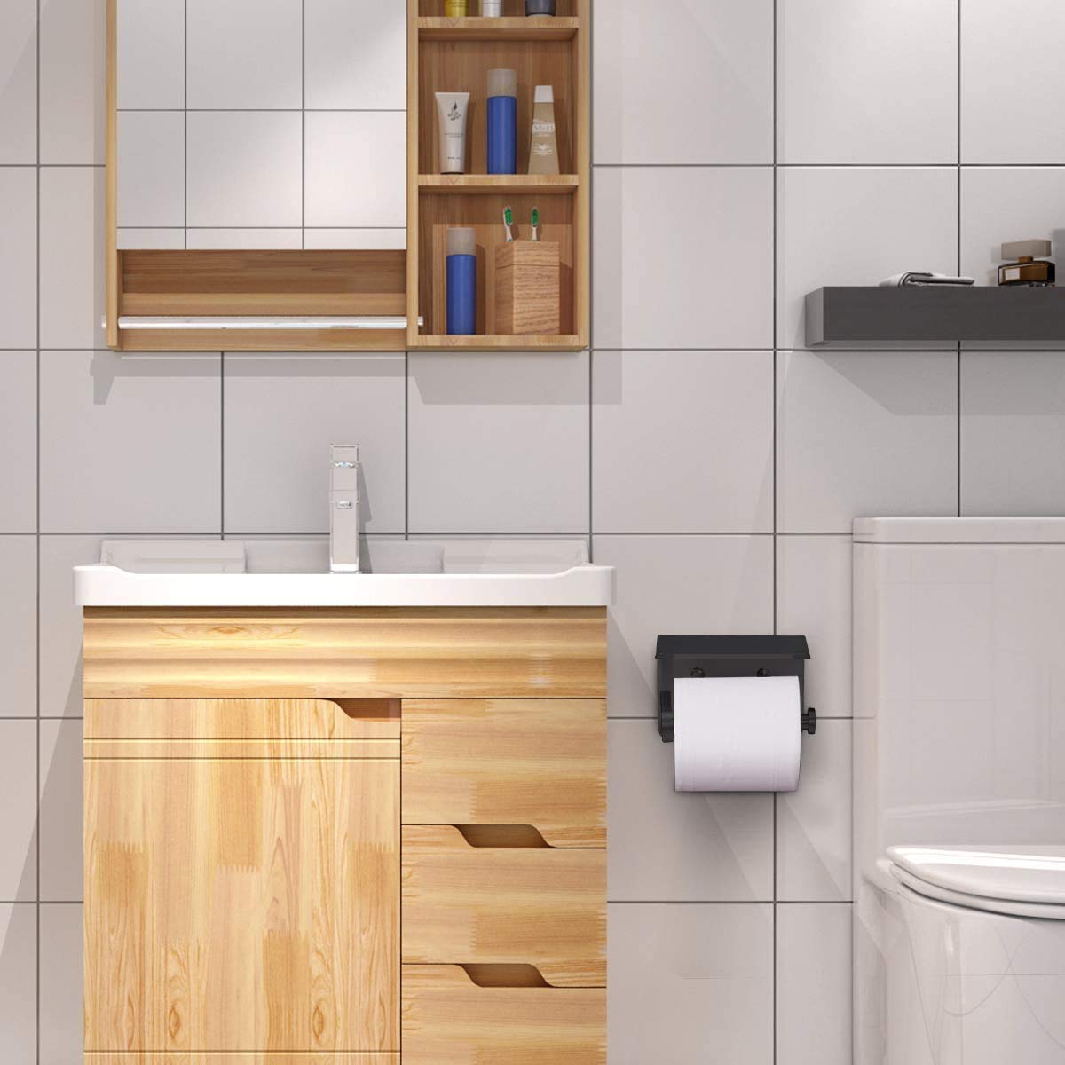 Stainless Steel Toilet Paper Holder with Phone Shelf - Rustproof Wall Mount Bathroom Tissue Roll Stand - SUS 304 Kitchen & Bath Accessory (Black) - Perfect for Modern Homes & Small Space Organization