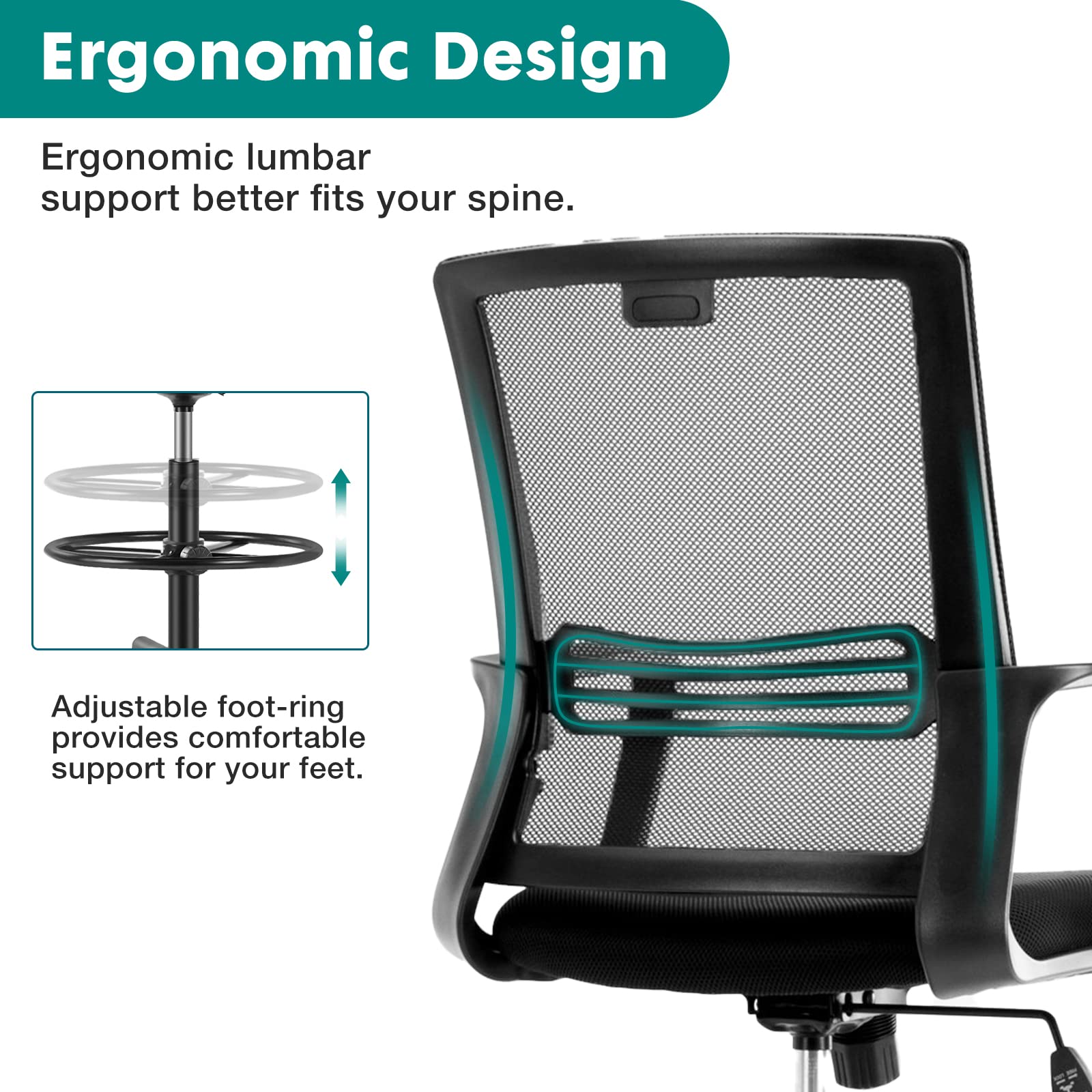 OLIXIS Adjustable Drafting Chair - Ergonomic Standing Office Chair with Lumbar Support, Height Adjustable & Breathable Mesh Seat, Foot Ring - Dark Black for Architects, Designers & Home Office Use