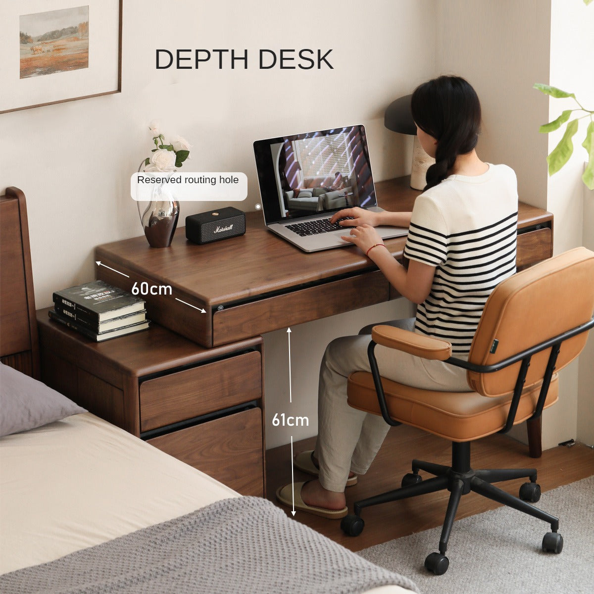 Premium Black Walnut Solid Wood Office Desk with 3 Drawers - Modern Writing & Computer Workstation for Home & Office Use