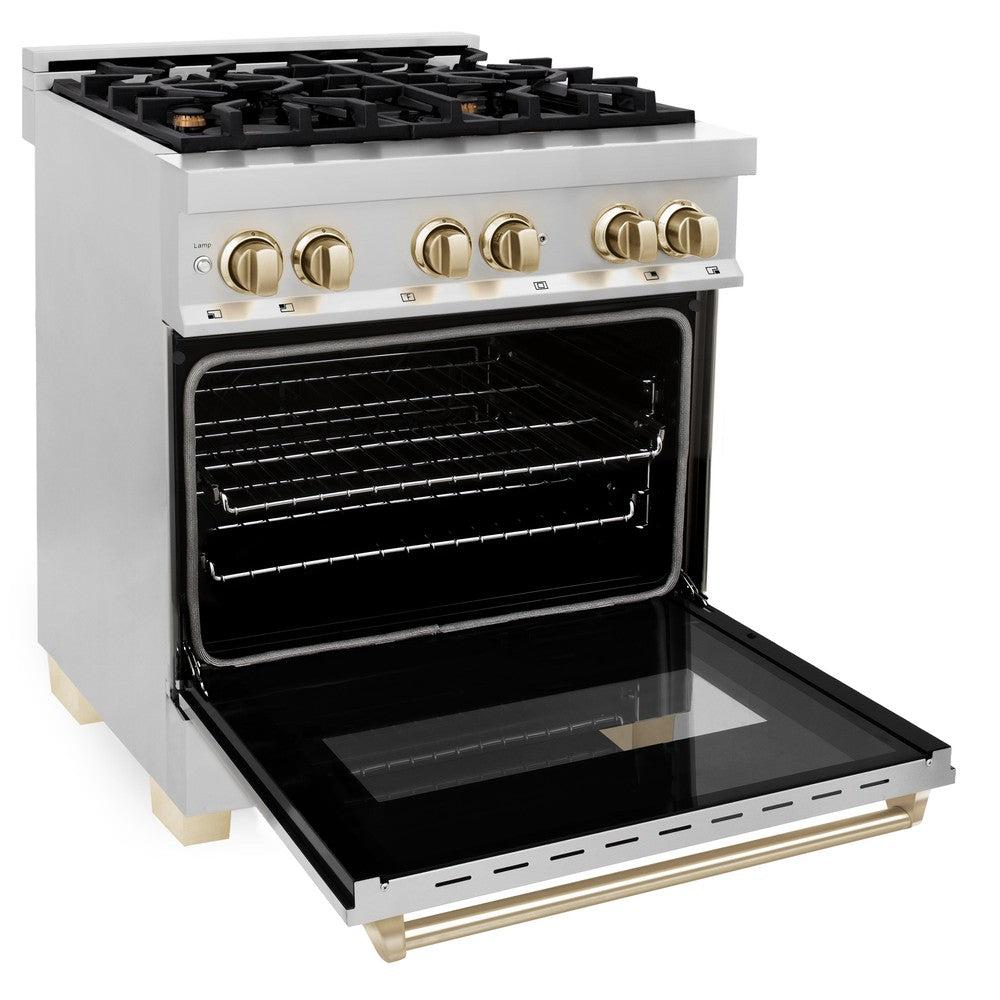 ZLINE RAZ 30 G 30-inch 4.0 cu.ft Dual Fuel Range - Stainless Steel Gas Stove with 4 Burners & Electric Convection Oven - Polished Gold Accents - Professional Kitchen Appliance for Home Chefs & Cooking Enthusiasts