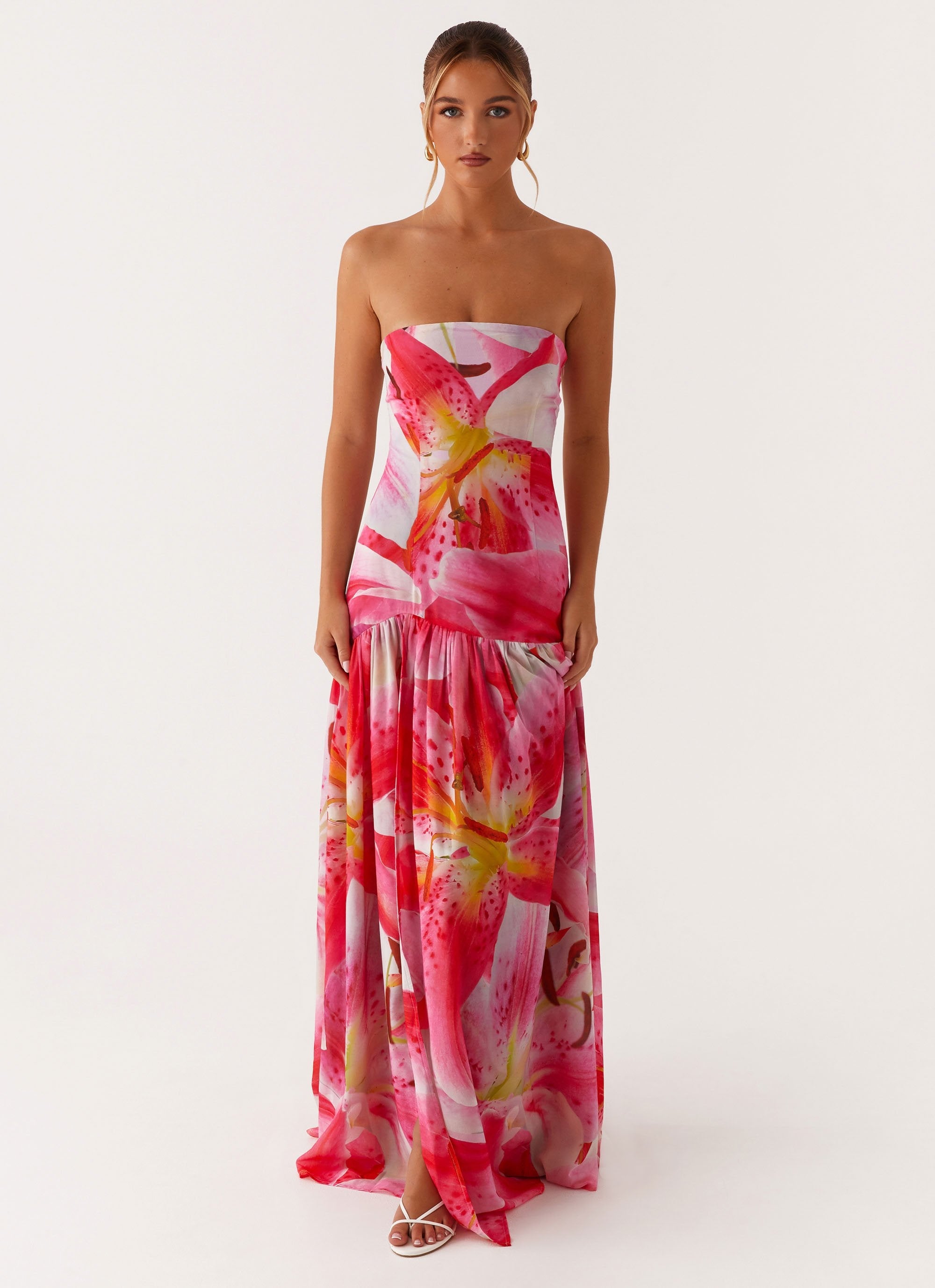 Eden Strapless Maxi Dress for Women - Floral Summer Beach Wedding Dress, White & Pink Lilly Print, Boho Chic Long Dress for Vacation, Party, and Special Occasions