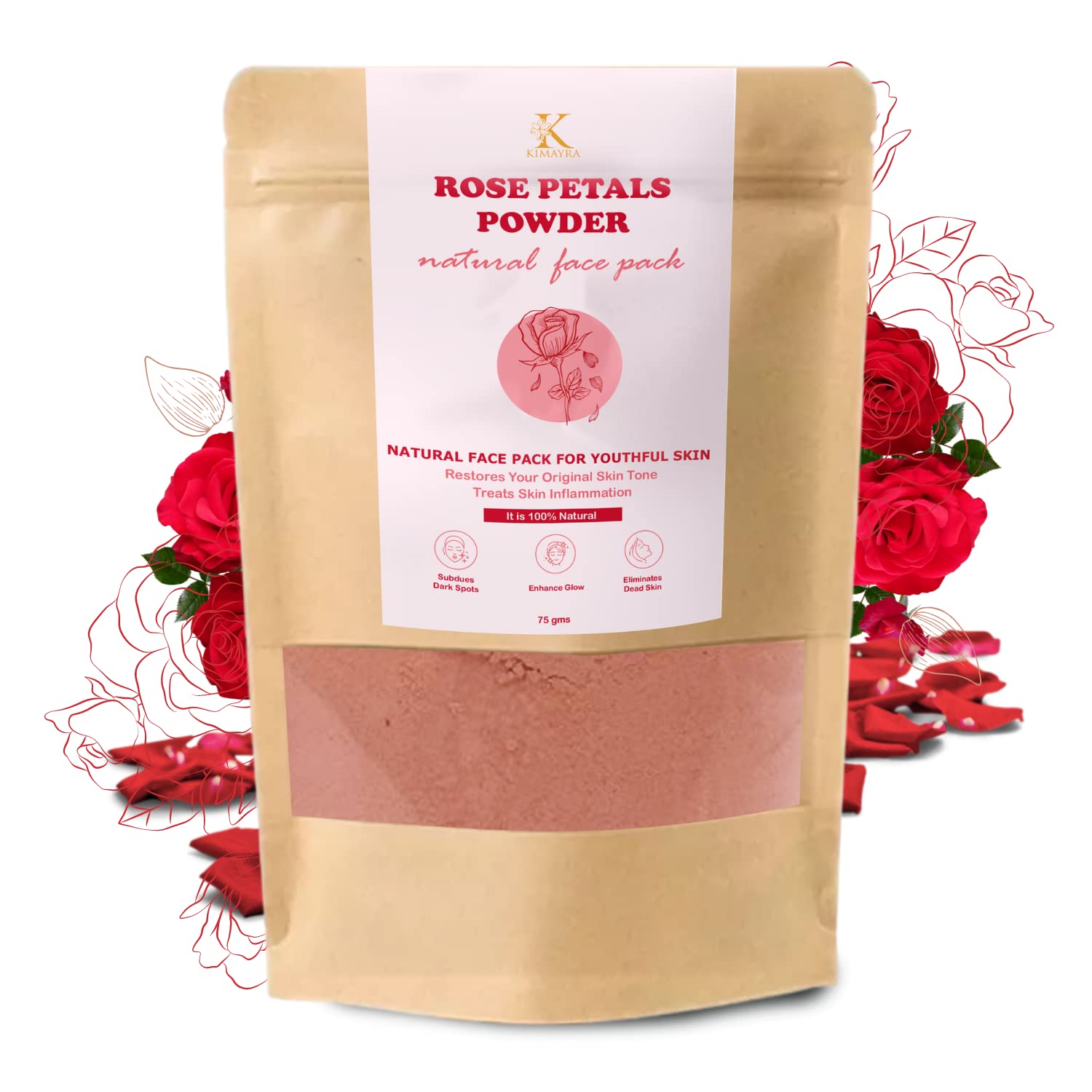 Kimayra Rose Petals Powder for Youthful & Glowing Skin | Natural Face Pack for Women & Men | All Skin Types | Pack of 3 (75g Each) | Perfect for DIY Skincare, Spa Treatments & Daily Beauty Routine