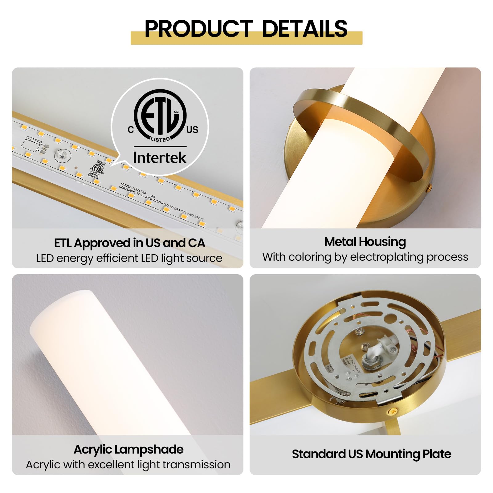 18 Inch Gold Wall Sconces Set of 2 - Dimmable Modern LED Wall Lights (18W, 3000K) with Acrylic Lampshade, Hardwired Fixture for Living Room, Bedroom, Bathroom & Hallway - Elegant Ambient Lighting for Home Decor