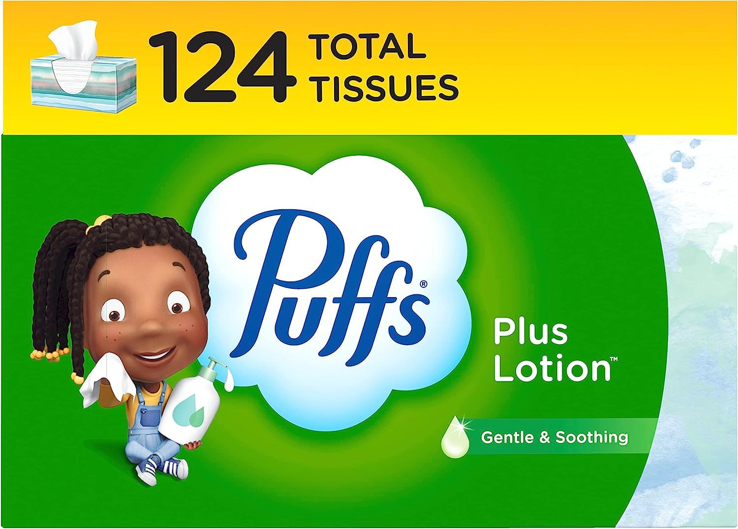 Puffs Plus Lotion Facial Tissues - Ultra Soft & Lotion-Infused - 1 Family Box (124 Tissues) - For Cold, Allergy & Dry Skin Relief - Home, Office & Travel Use