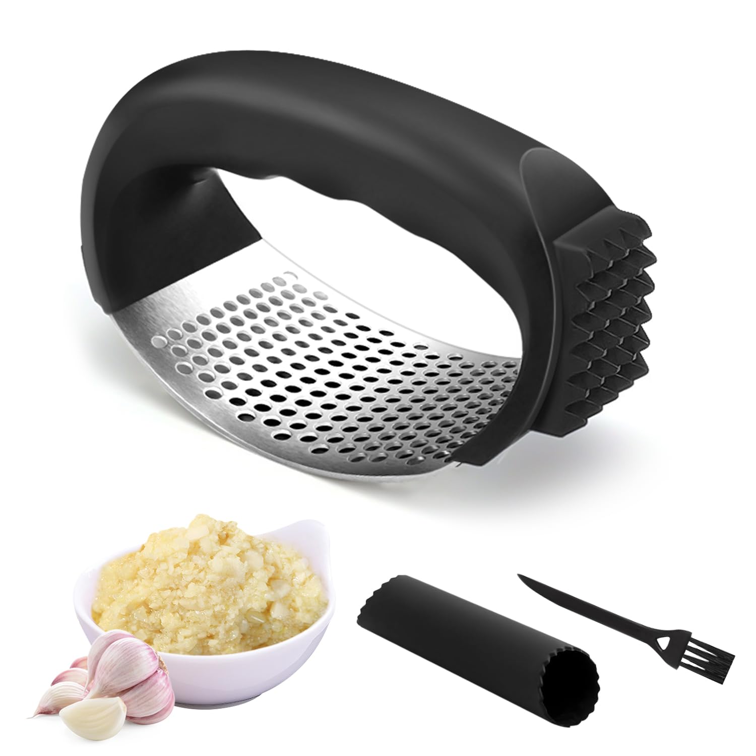 2024 Upgraded Stainless Steel Garlic Press & Crusher with Peeler & Cleaning Brush - Heavy Duty Kitchen Tool for Crushing Garlic, Ginger & Herbs - Perfect for Cooking, Meal Prep & Professional Kitchens