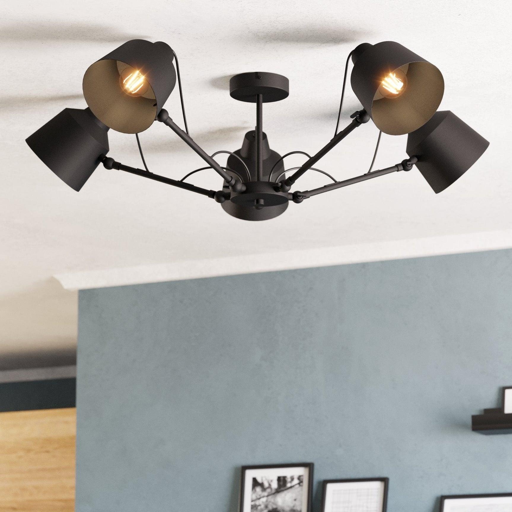 Eglo Basurtu 5-Arm Adjustable Black Spotlight Semi-Flush Mount Ceiling Light - Perfect for Living Room, Bedroom, or Kitchen Lighting