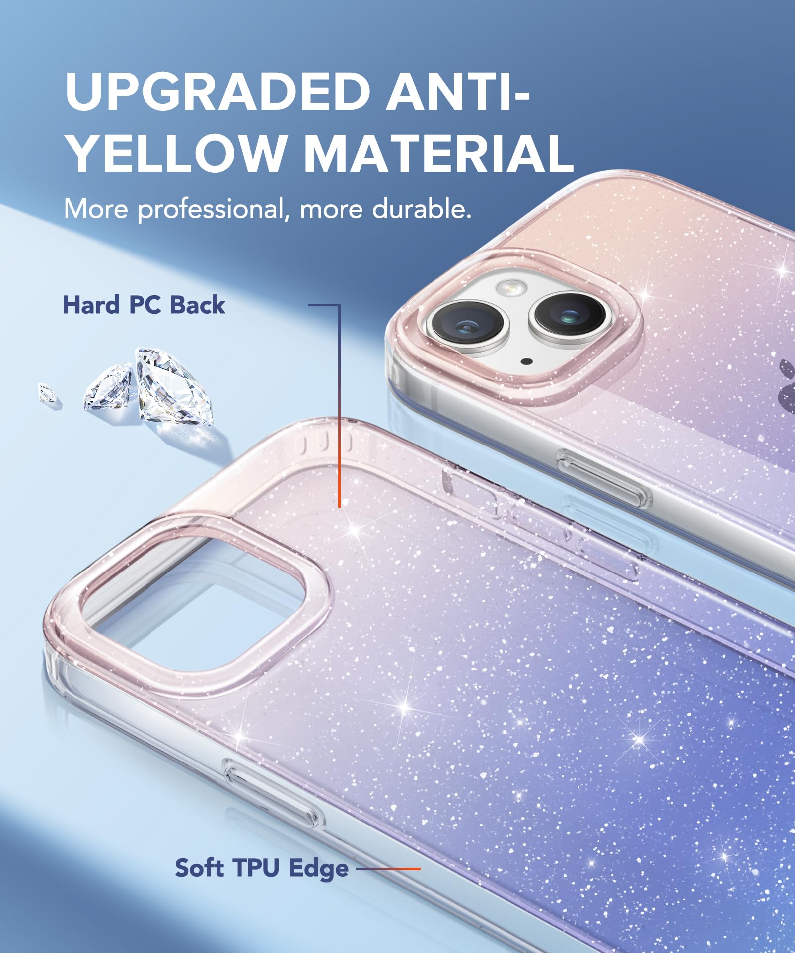 3 in 1 iPhone 15 Case with Screen Protector & Camera Lens Cover - Glitter Clear Slim Shockproof Phone Case for Women | 6.1 Inch Non-Yellowing Gradient Design | Perfect for Everyday Use, Work & Travel Protection