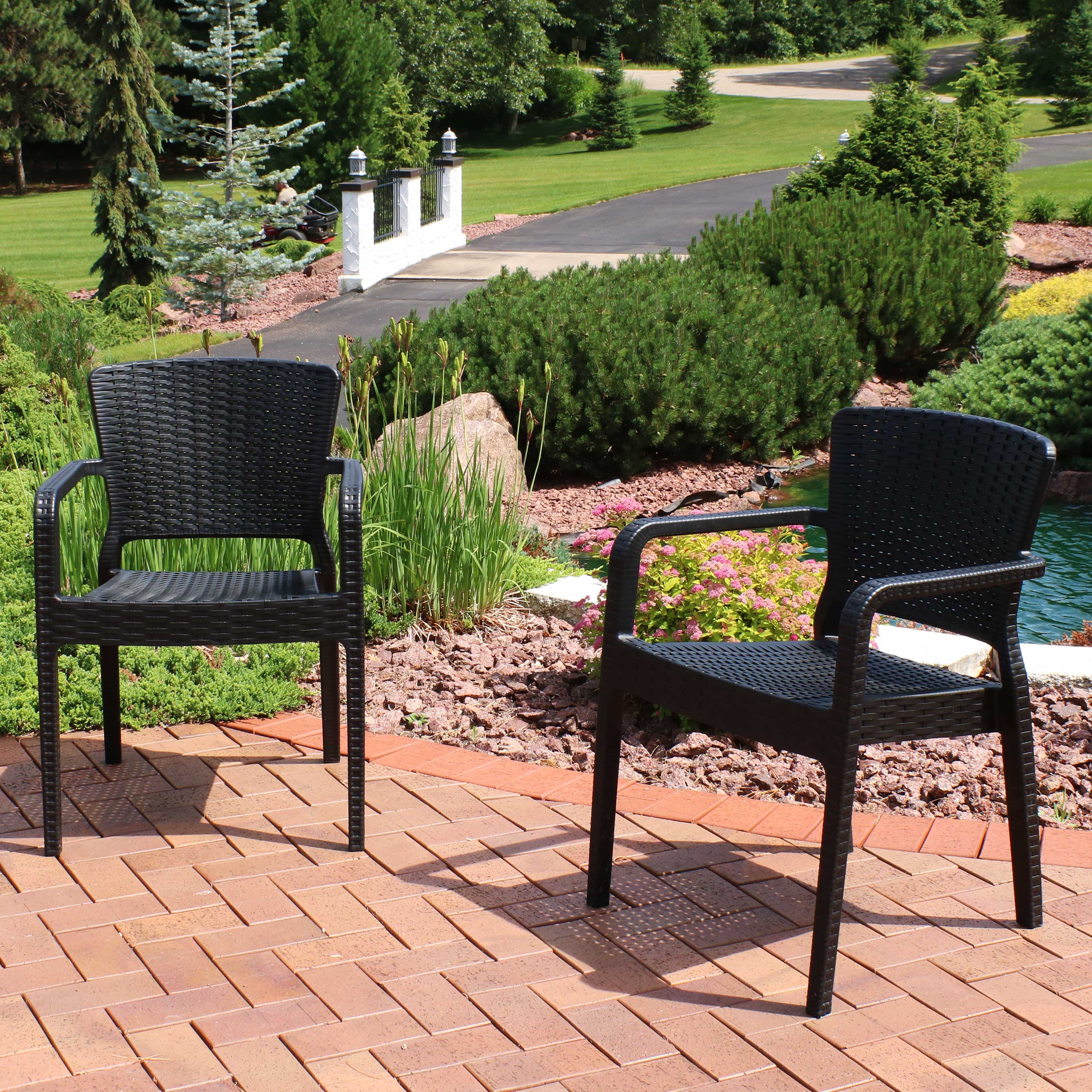 Sunnydaze Segonia All-Weather Plastic Stackable Dining Armchair - Black | Outdoor & Indoor Patio Furniture for Garden, Poolside, Restaurant, and Backyard Use