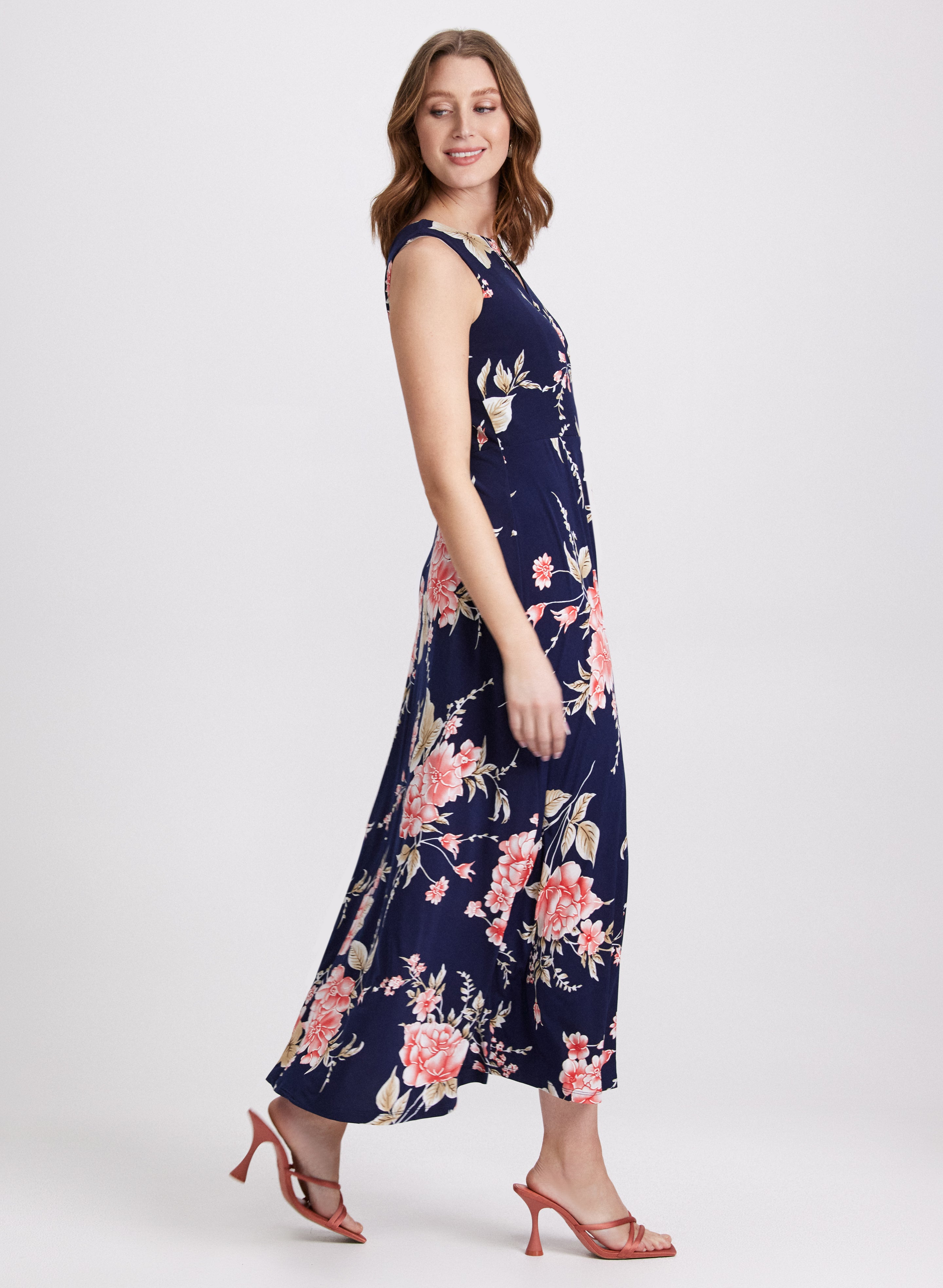 Floral Cut Out Dress for Women - Summer Boho Maxi Dress with Side Slits, Beach Wedding Party Outfit - Perfect for Vacations, Dates & Festivals
