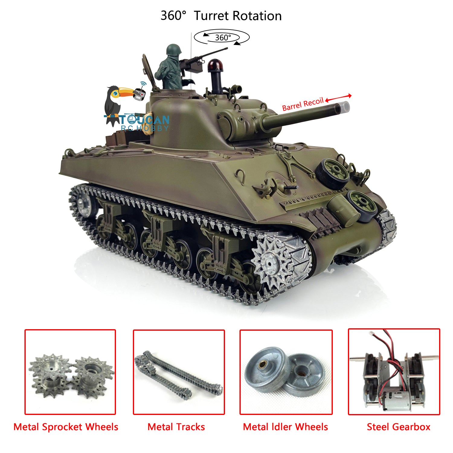 1/16 Henglong M4A3 Sherman Upgraded RC Tank - 7.0 Version with Barrel Recoil, 360° Rotating Turret & BB Shooting Sound Effects | Perfect for Military Enthusiasts, Collectors and RC Hobbyists | Great for Outdoor Battles, Display and Historical Reenactments