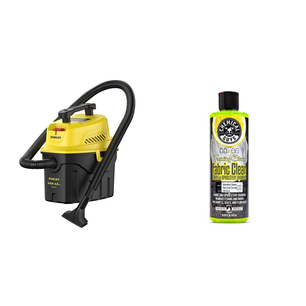 Stanley SL18910P-3 3 Gallon 3HP Wet/Dry Portable Car Vacuum (Black/Yellow) & Chemical Guys CWS20316 16oz Foaming Citrus Fabric & Upholstery Cleaner - Powerful Car Interior Cleaning Combo for Auto Detailing, Home & Workshop Use