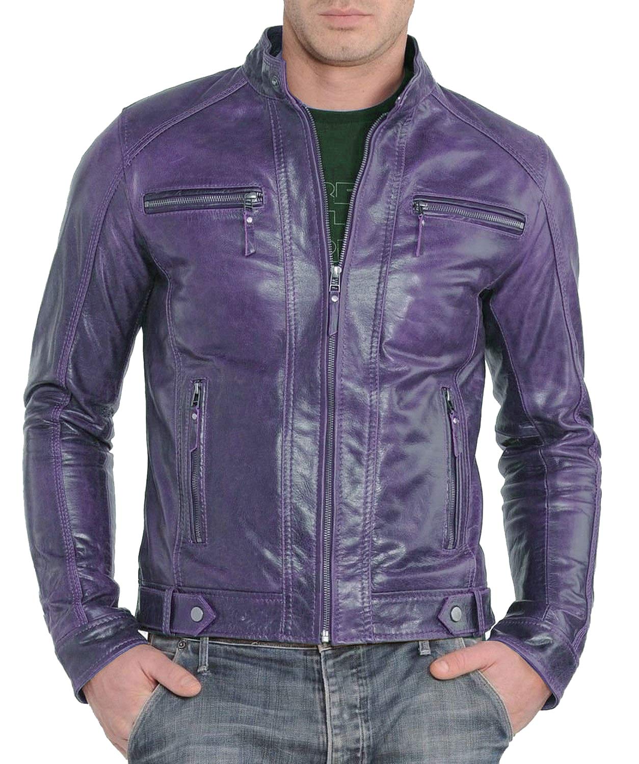Benjer Skins Genuine Lambskin Leather Jacket for Men - Motorcycle Biker Jacket Style 312 M in Purple | Premium Men's Outerwear for Riding & Casual Wear