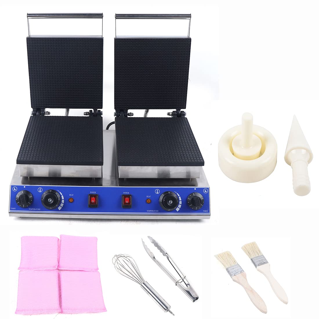 3000W Commercial Electric Waffle Maker - Double Headed Square Waffle Iron with Cone Shaper Roller for Ice Cream Cones & Bowls - Perfect for Restaurants, Cafes and Home Baking (DNYSYSJ)