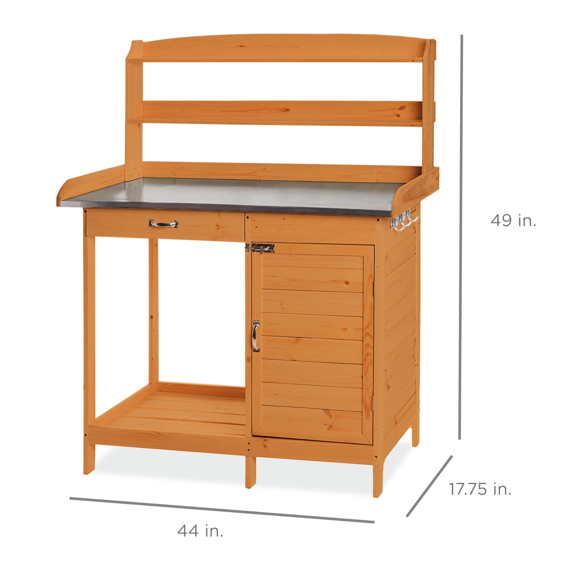 Best Choice Products Outdoor Wooden Potting Bench with Metal Table Top - Pre-Stained Brown Finish, Storage Cabinet, Sliding Drawer & Large Bottom Shelf - Perfect for Gardening, DIY Projects & Backyard Organization