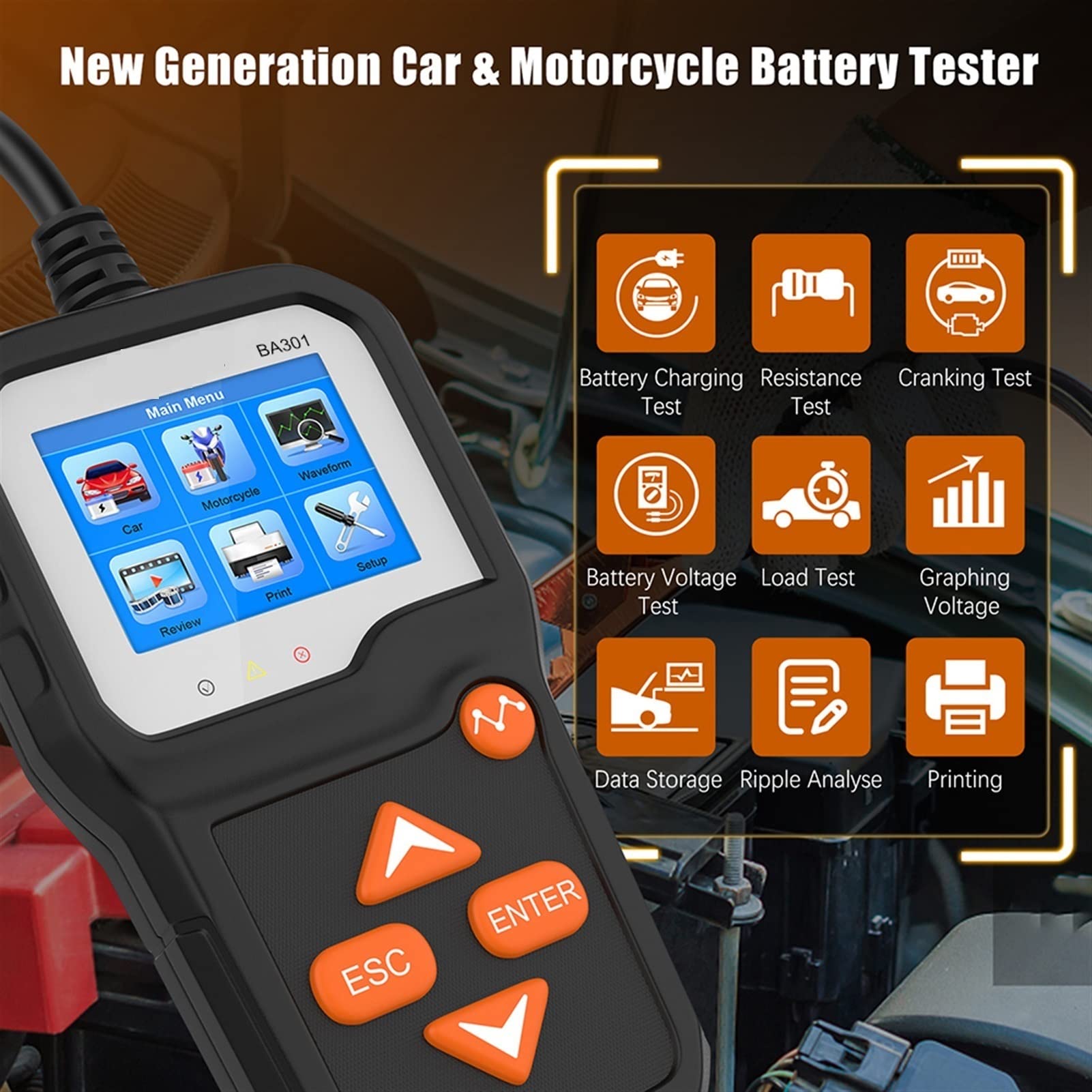 BA301 Professional 6V/12V Battery Load Tester - 2000CCA Cranking Analyzer for Motorcycle, Car & Heavy Duty Truck Batteries - Essential Automotive Diagnostic Tool for Charging System Maintenance