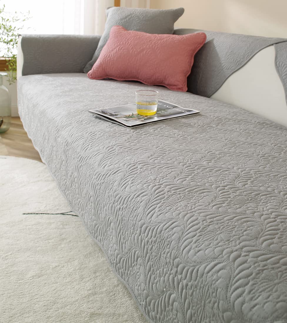 VCTOPS Embroidered Cotton Quilted Sofa Cover - Non-Slip Washable Furniture Protector for Sectional Couches, Farmhouse Style (Light Gray, 28