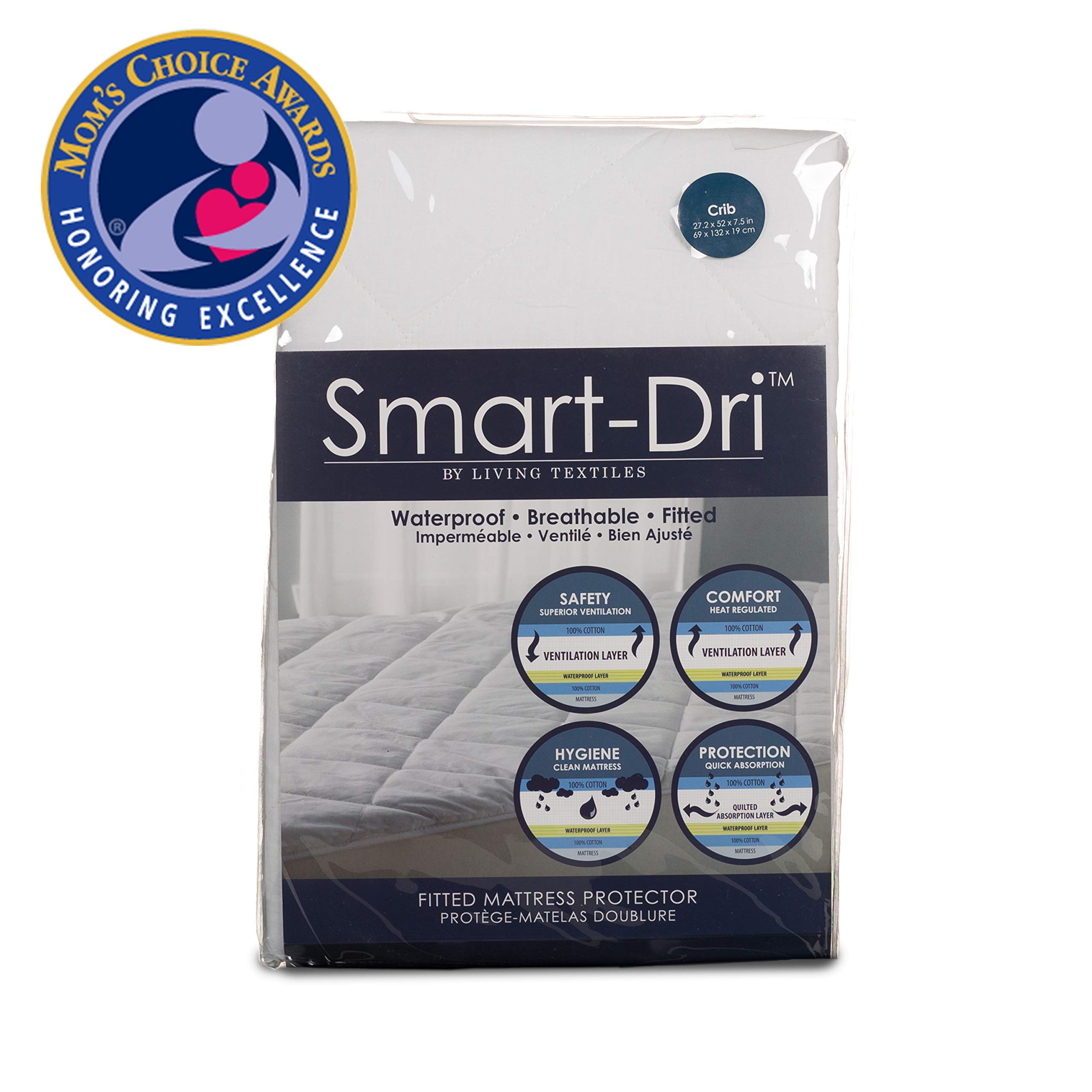 Smart-Dri Waterproof Crib Mattress Protector – Award-Winning, Breathable Cotton Cover, Fully Elasticized, Non-Toxic Polyurethane Lining – Ideal for Baby's Safety and Comfort