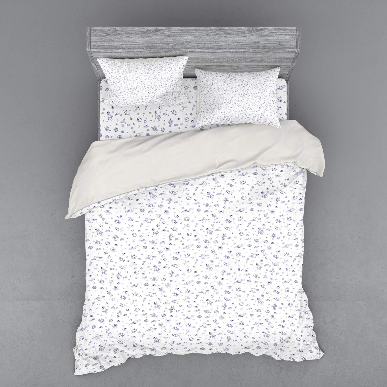 Ambesonne Spaceship Duvet Cover Set - Hand Drawn Galactic Doodle Design with Planets, Monochrome Space Theme 4-Piece Bedding Set Includes Shams & Fitted Sheet, Queen Size in Royal Blue & White - Perfect for Sci-Fi Lovers, Kids Room Decor & Space Themed Bedrooms