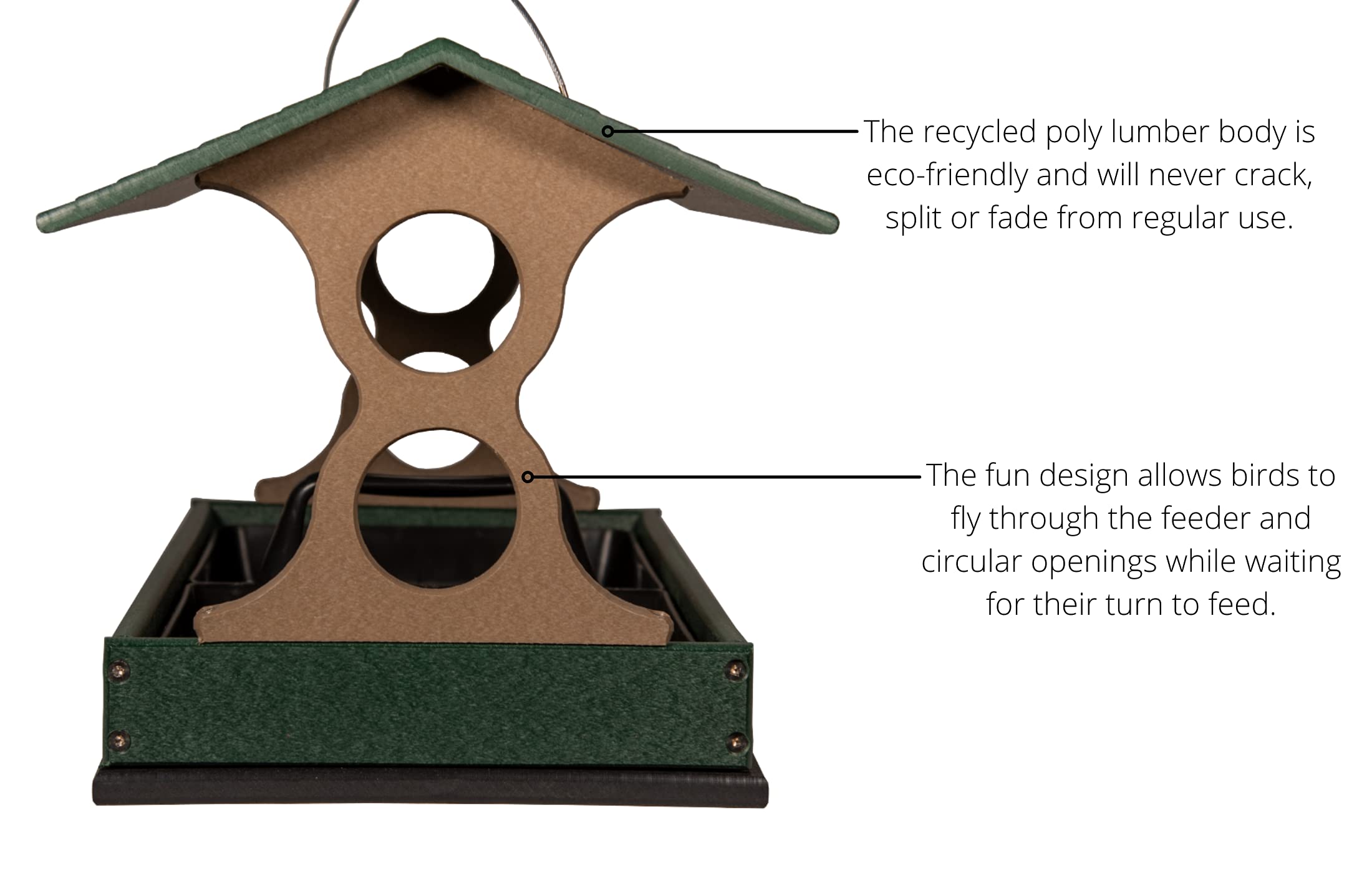 JC's Wildlife Large Fly-Thru Bird Feeder - Green & Tan Platform Feeder with Removable Seed Tray, Drainage Holes & 8-Cup Capacity - Easy to Clean for Backyard Bird Watching & Garden Decoration