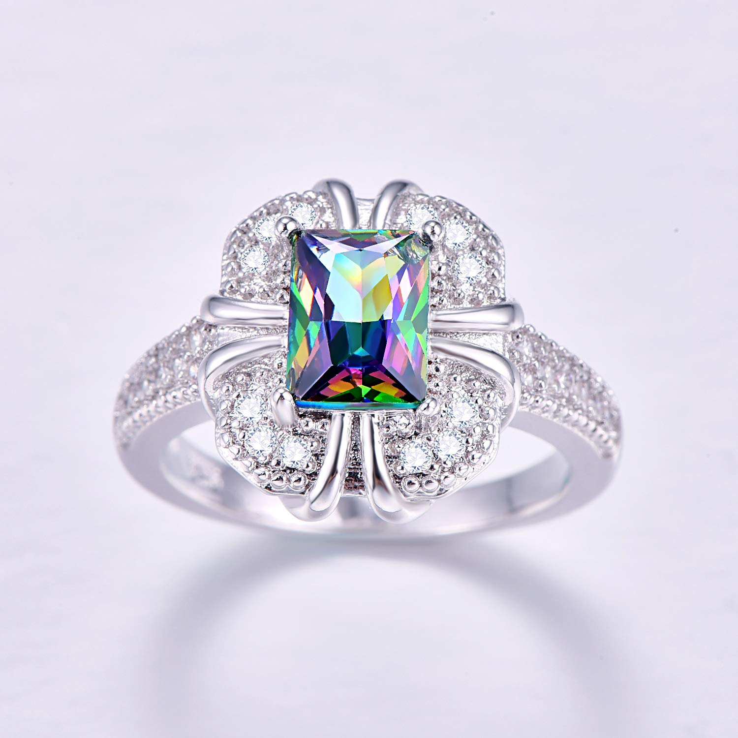 925 Sterling Silver Plated Emerald Quartz Radiant Cut Halo Ring for Women - Wedding, Engagement, Anniversary & Cocktail Party Jewelry Gift (Size 6) | Elegant Stackable Band for Everyday Wear & Special Occasions
