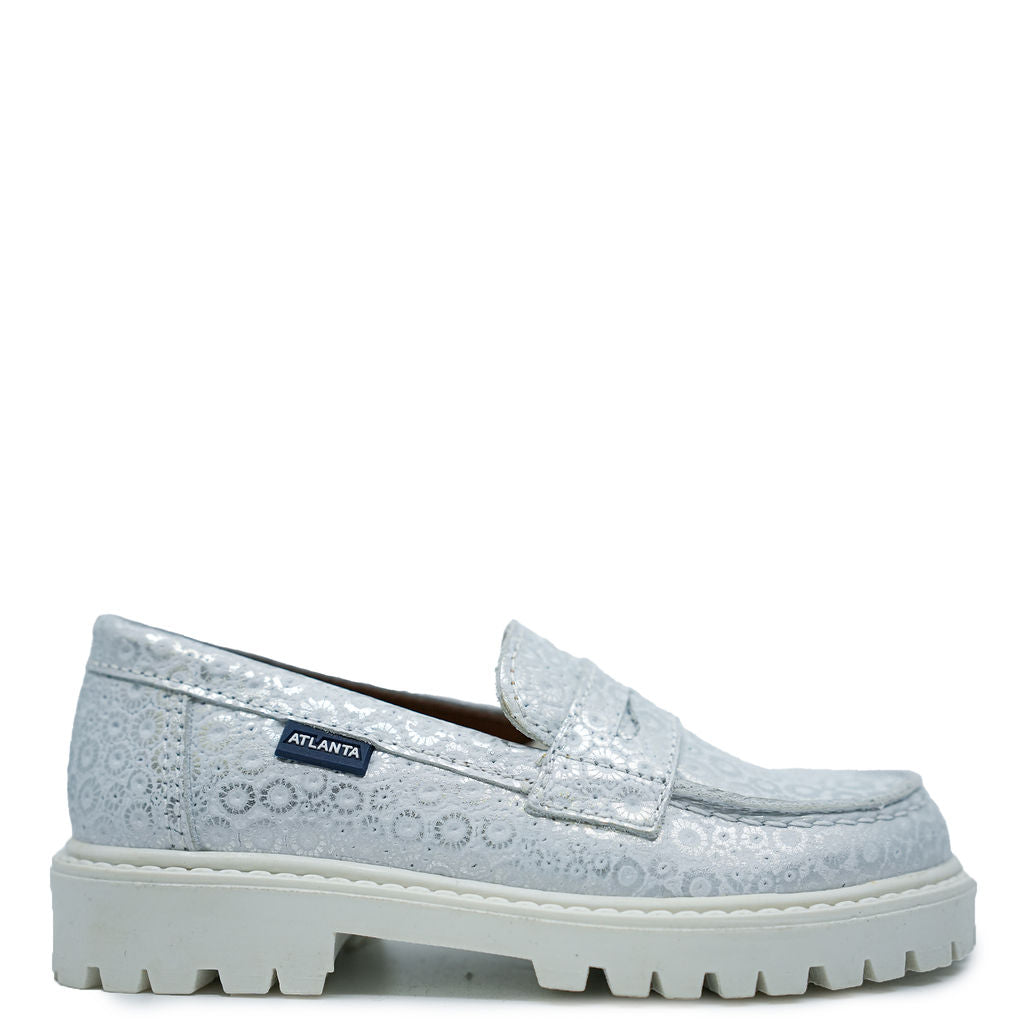 Atlanta Moccasin Silver Sunflower Chunky Penny Loafers - Women's Casual Slip-On Shoes for Work, Office & Everyday Wear