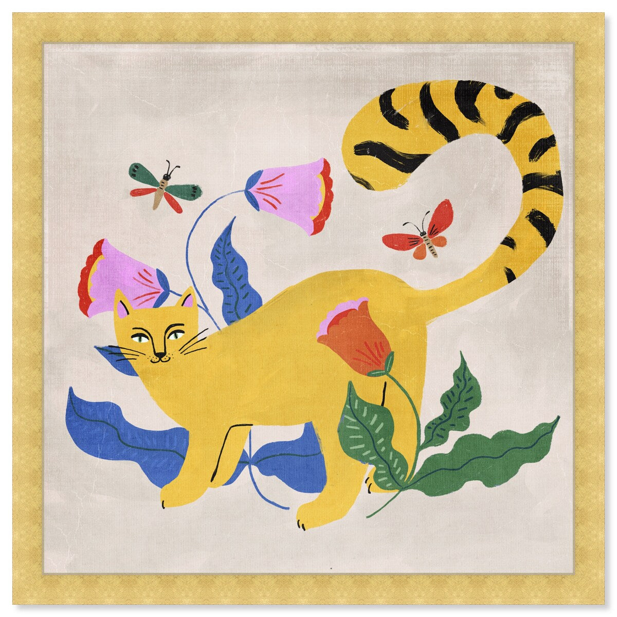Blonde Tabby Floral Kitten Butterfly Garden Modern Yellow Framed Wall Art Print - Home Decor for Bedroom, Living Room & Nursery