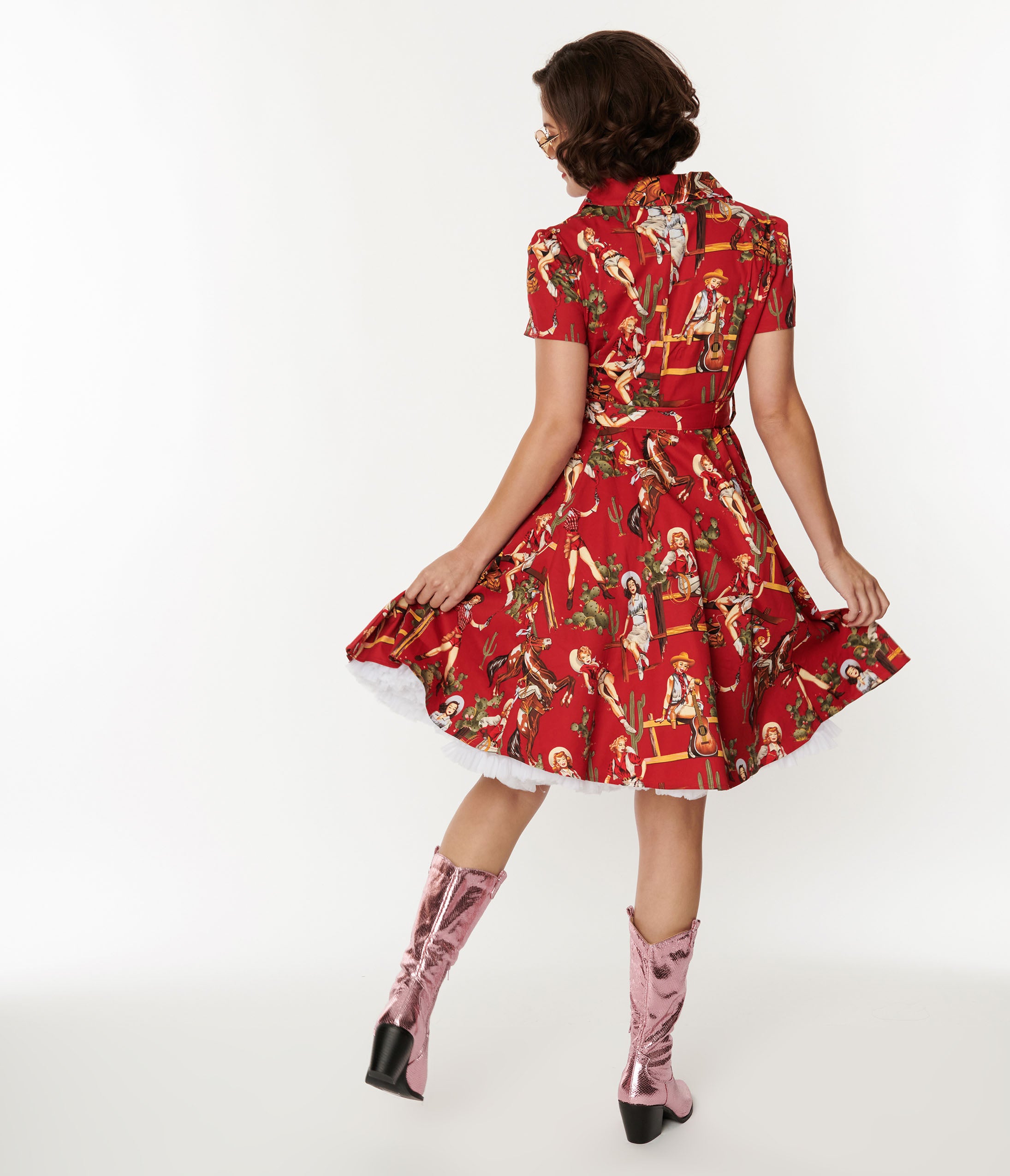 Stylish Red & Cowgirl Print Swing Shirt Dress for Women - Western Fashion Summer Casual Wear - Perfect for Rodeos, Country Concerts & Outdoor Events