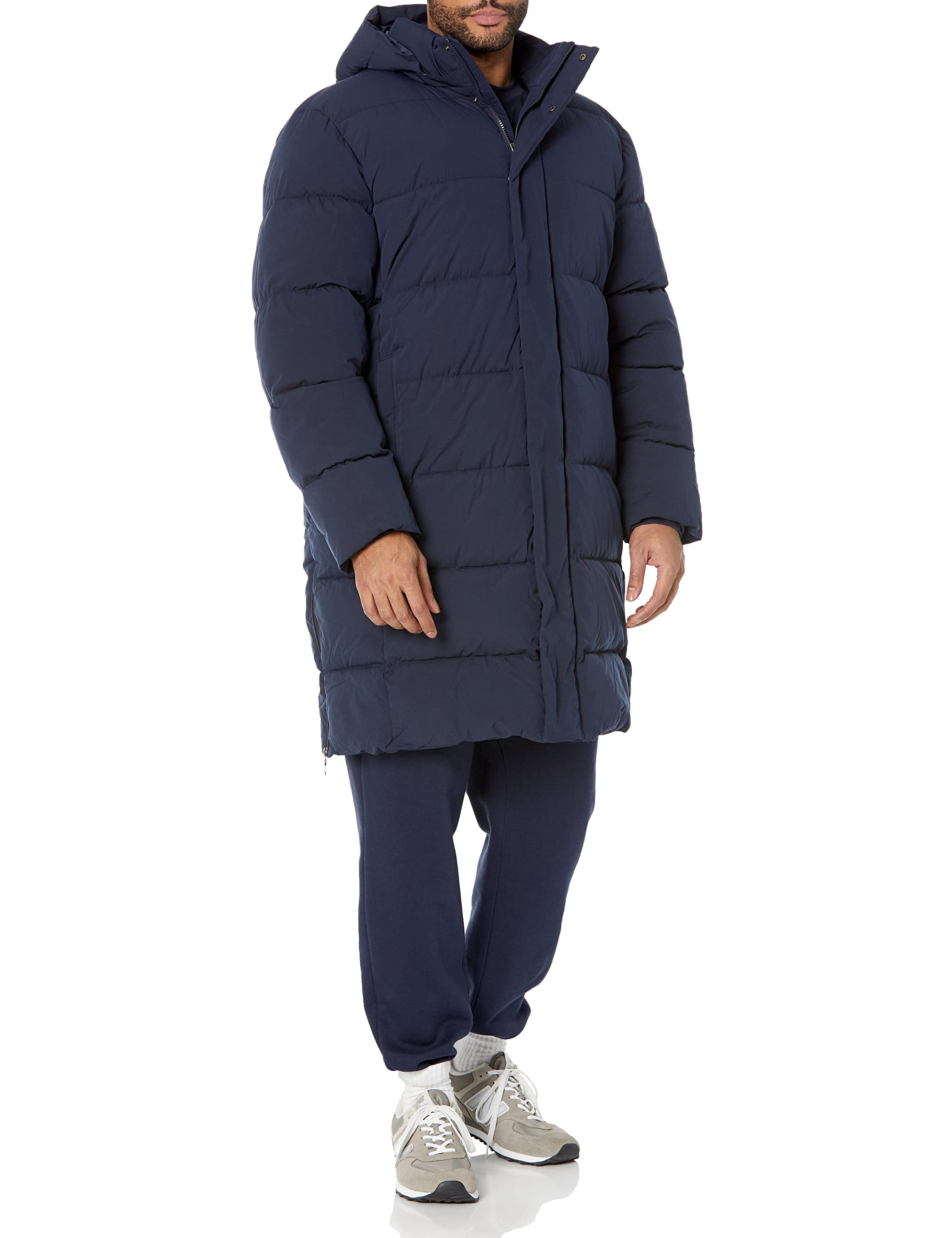 Amazon Essentials Men's Hooded Long Puffer Coat - Lightweight Winter Jacket for Cold Weather, Water-Resistant Outdoor Parka with Adjustable Drawstring (Great for Snow, Hiking & Daily Commute)