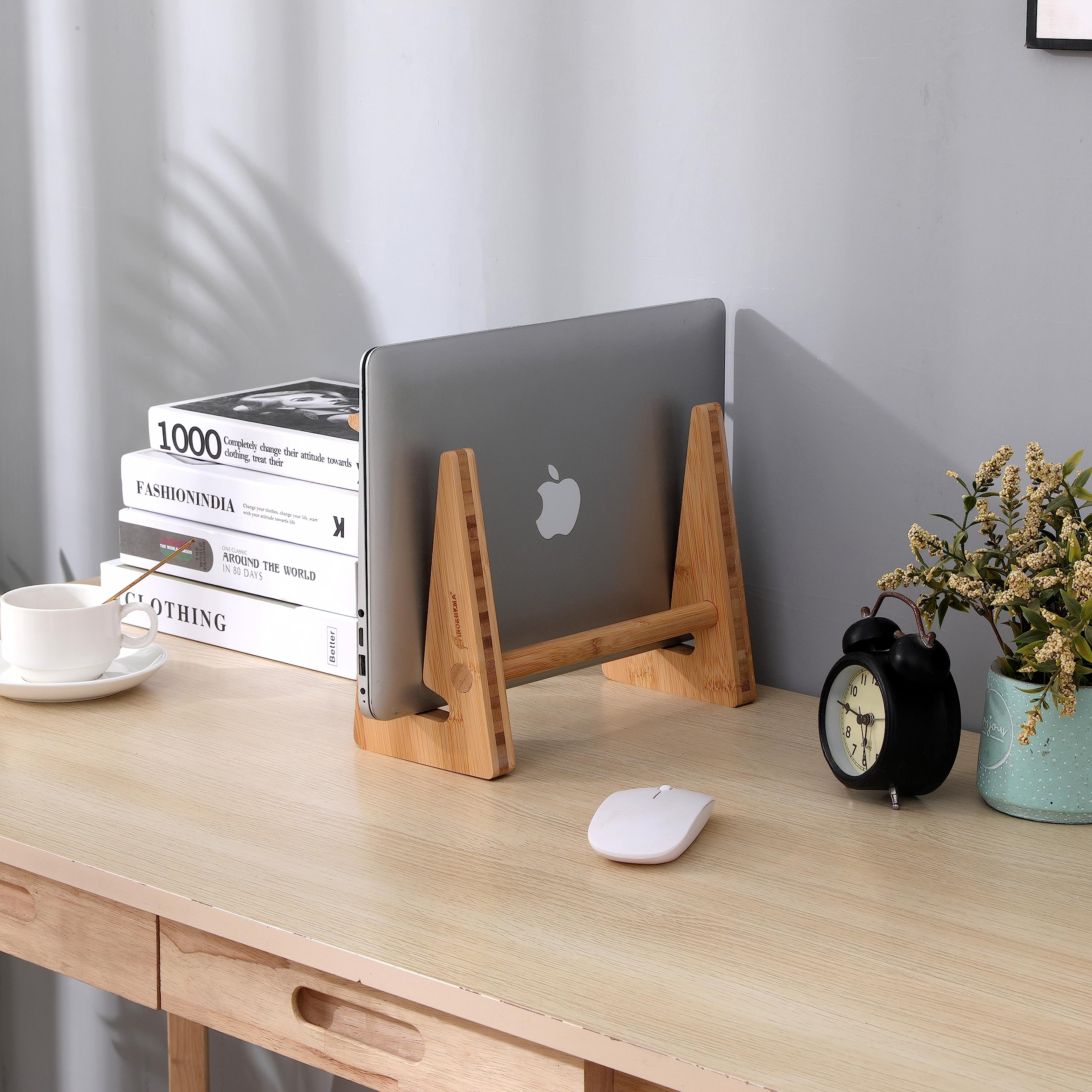 Premium Nuvograin Wooden Vertical Laptop Stand - Ergonomic Bamboo Desktop Holder for MacBook Air/Pro, Dell XPS, Surface Pro, HP, Pixelbook & Lenovo (Fits 13-17.7 Inch Laptops) - Perfect for Home Office, Workspace & Dorm Room Organization