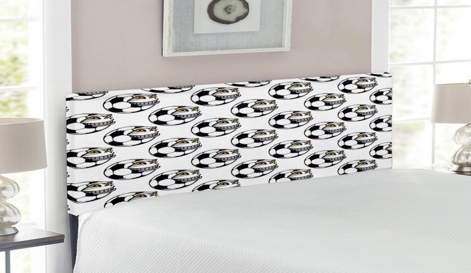 Ambesonne Soccer Headboard - Cartoon Football Mascot with Happy Face Design, Upholstered Metal Bed Frame with Memory Foam for Queen Size Beds | Sports Themed Bedroom Decor for Kids & Teens (Black, White, Yellow)