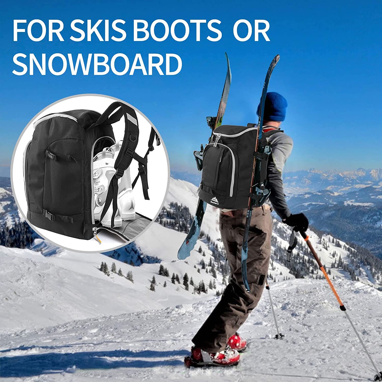 **Black 50L Waterproof Ski Boot Backpack Cooler - Travel Snowboard Luggage for Men & Youth - Fits Ski Helmet, Goggles & Gloves - Perfect for Ski Trips & Winter Sports Gear Storage**