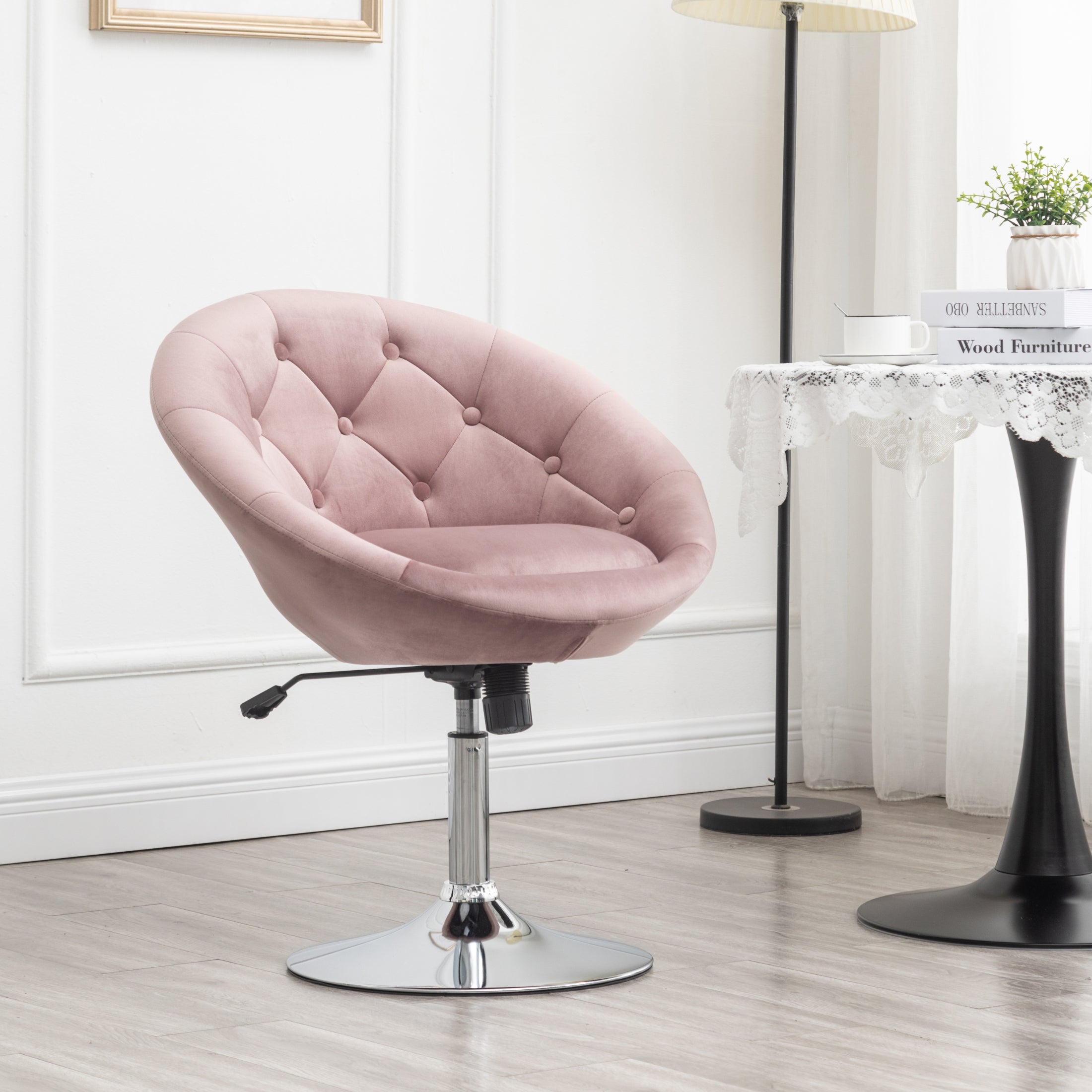 Roundhill Furniture Noas Velvet Upholstered Tufted Back Swivel Accent Chair - Soft Mauve Velvet Living Room Chair with 360° Rotation for Bedroom, Office & Lounge Comfort