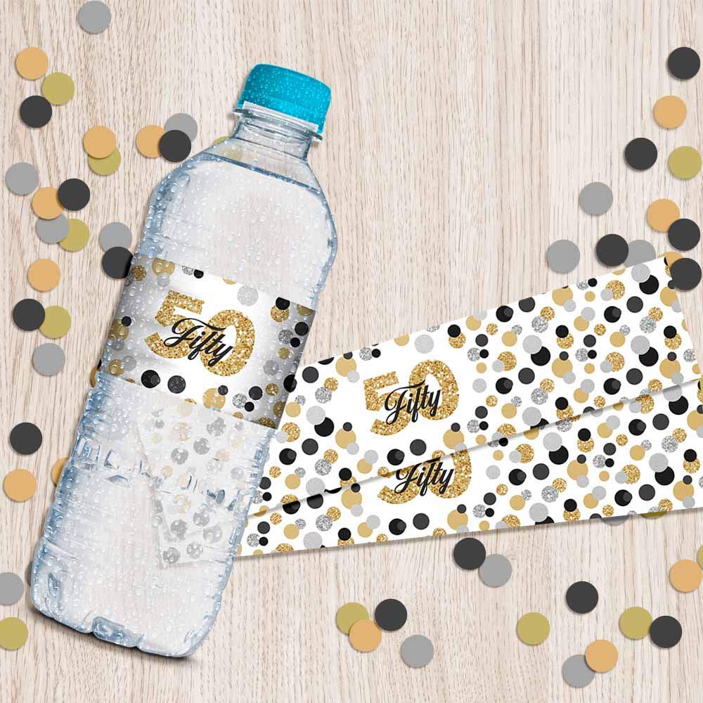 50th Birthday Party Waterproof Bottle Stickers - Confetti Polka Dot Wrap Around Labels for Anniversary Celebrations (20 Pack, 1.75