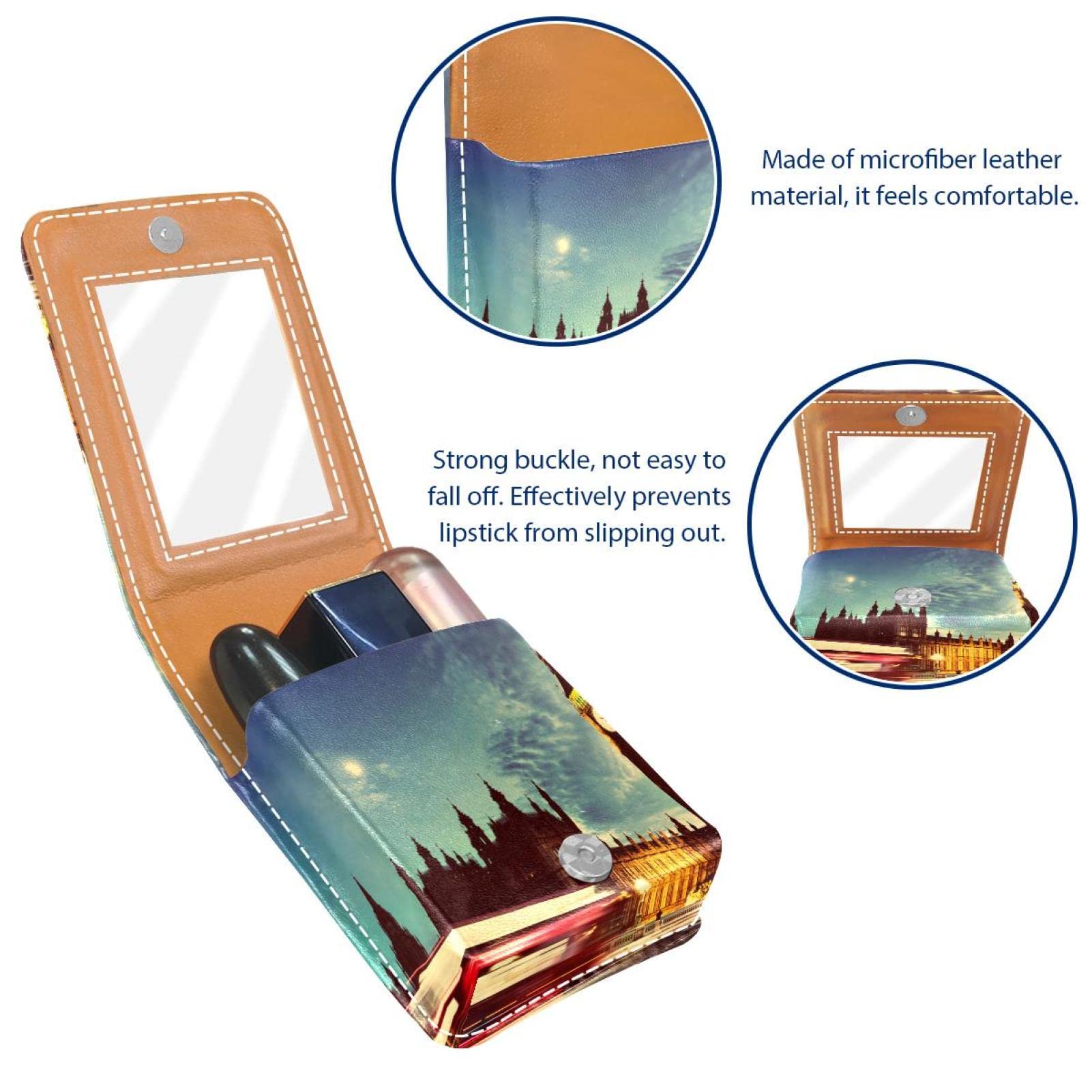 Portable Leather Lipstick Case with Mirror - Mini Travel Cosmetic Pouch for Women | Big Ben London Night Scenery Design | Perfect for Travel, Daily Makeup Storage & Gift Giving