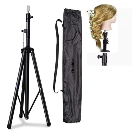 FLUSHIA Adjustable Mannequin Head Tripod Stand - Professional Wig Display Holder for Cosmetology, Hairstyling Training & Salon Practice - Includes Carrying Bag (Black) | Perfect for Hairdressing Schools, Beauty Salons & Home Styling Practice